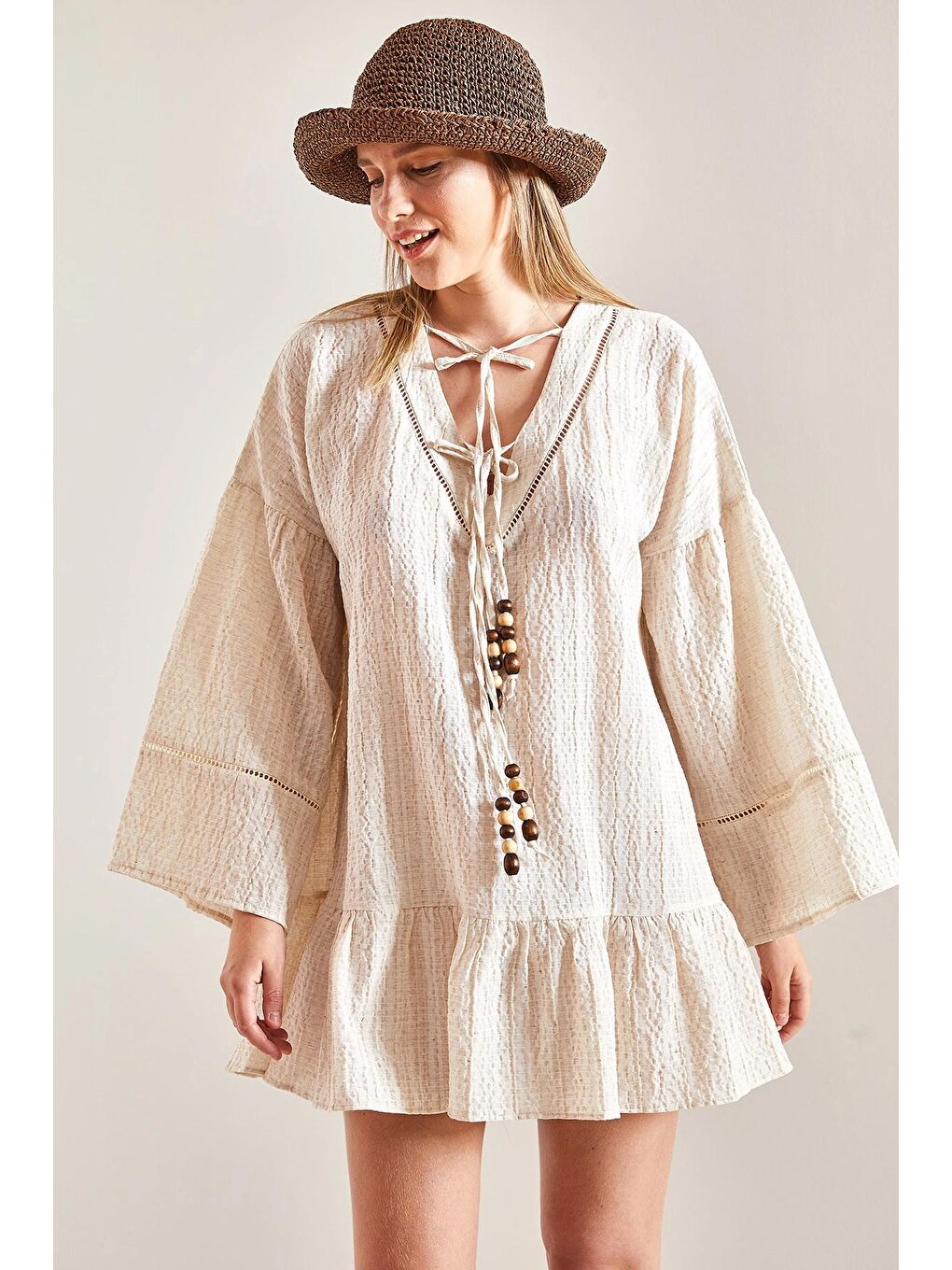 Bej Kadın Boncuk Detaylı Elbise-3