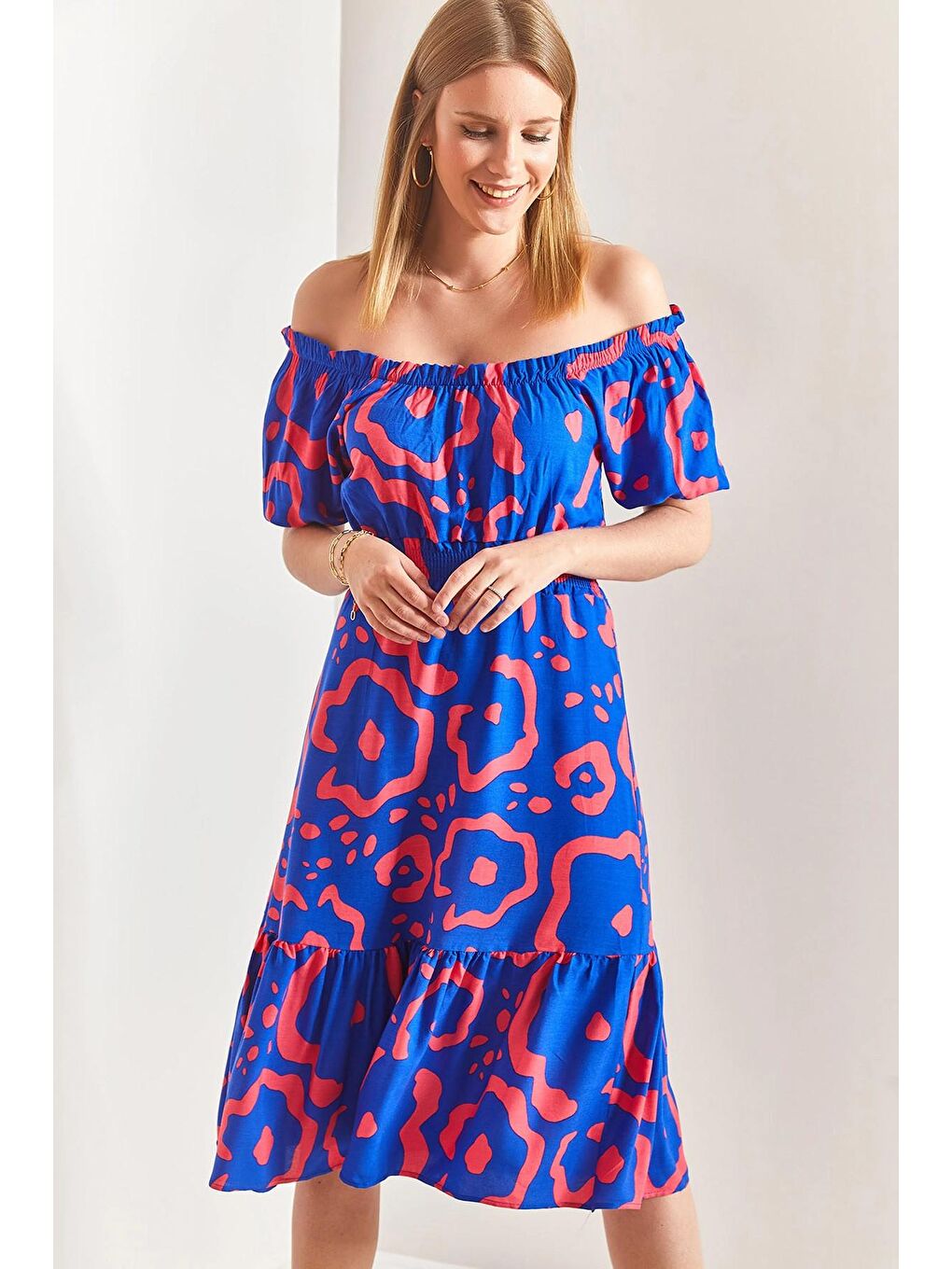 Mavi Kadın Madonna Yaka Beli Lastikli Elbise