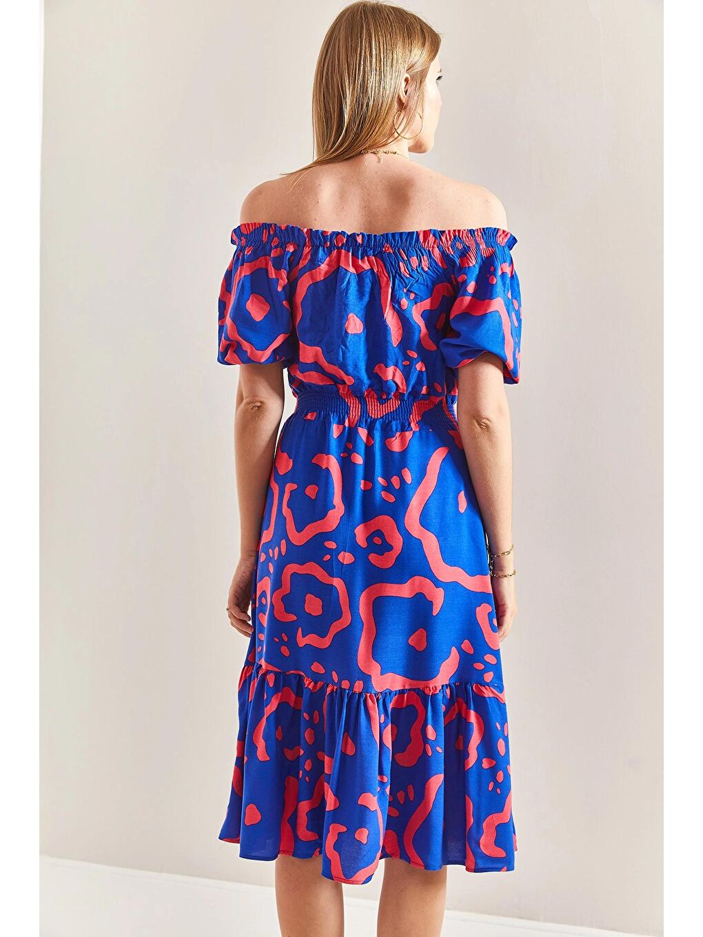 Mavi Kadın Madonna Yaka Beli Lastikli Elbise-1