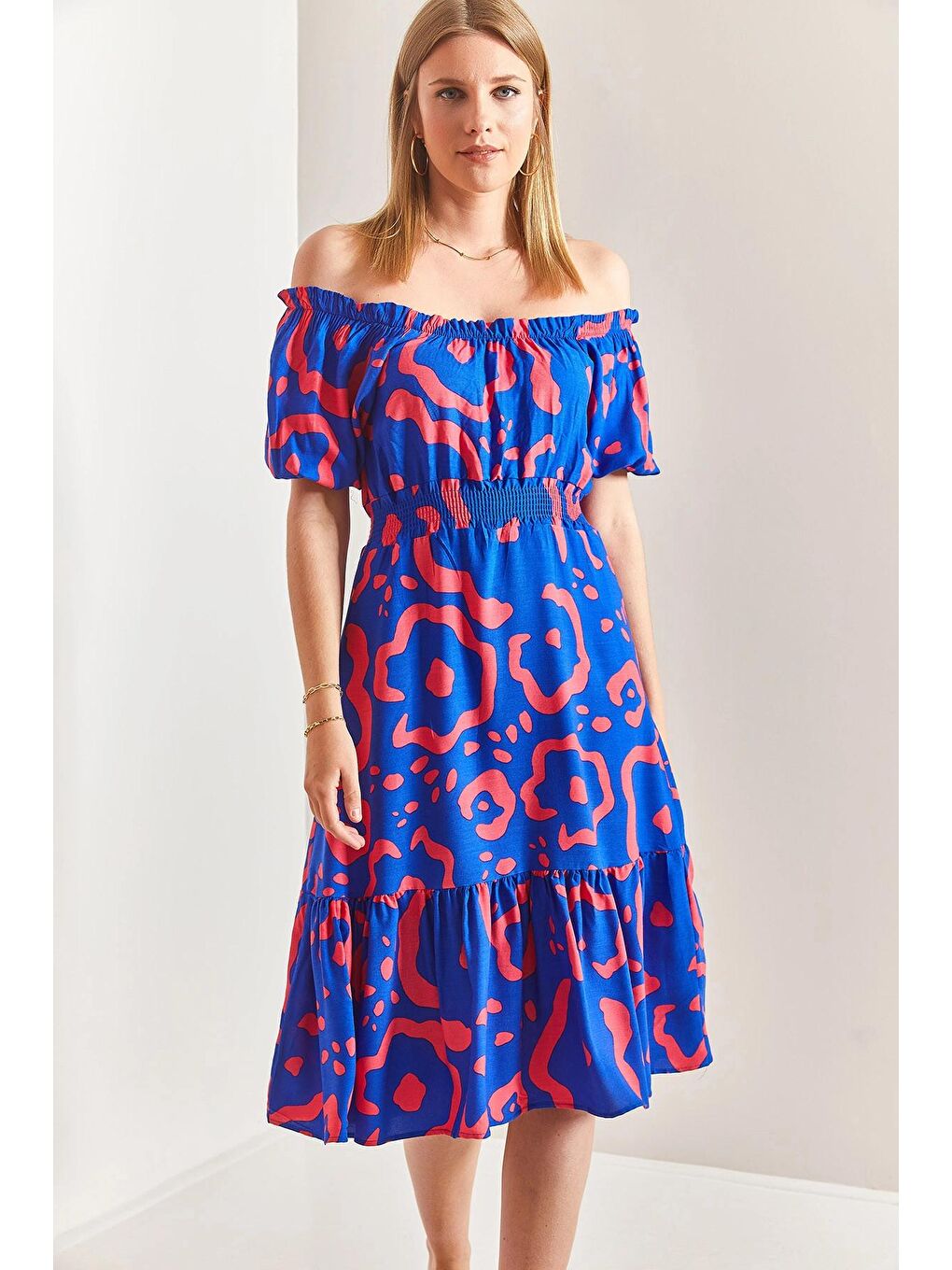 Mavi Kadın Madonna Yaka Beli Lastikli Elbise-2