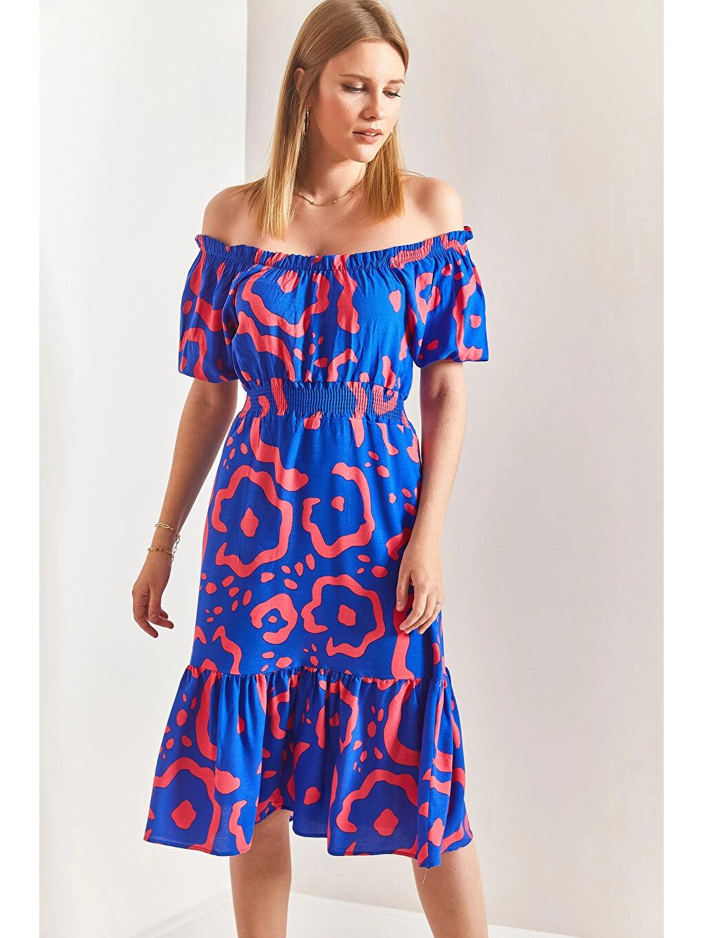 Mavi Kadın Madonna Yaka Beli Lastikli Elbise-3