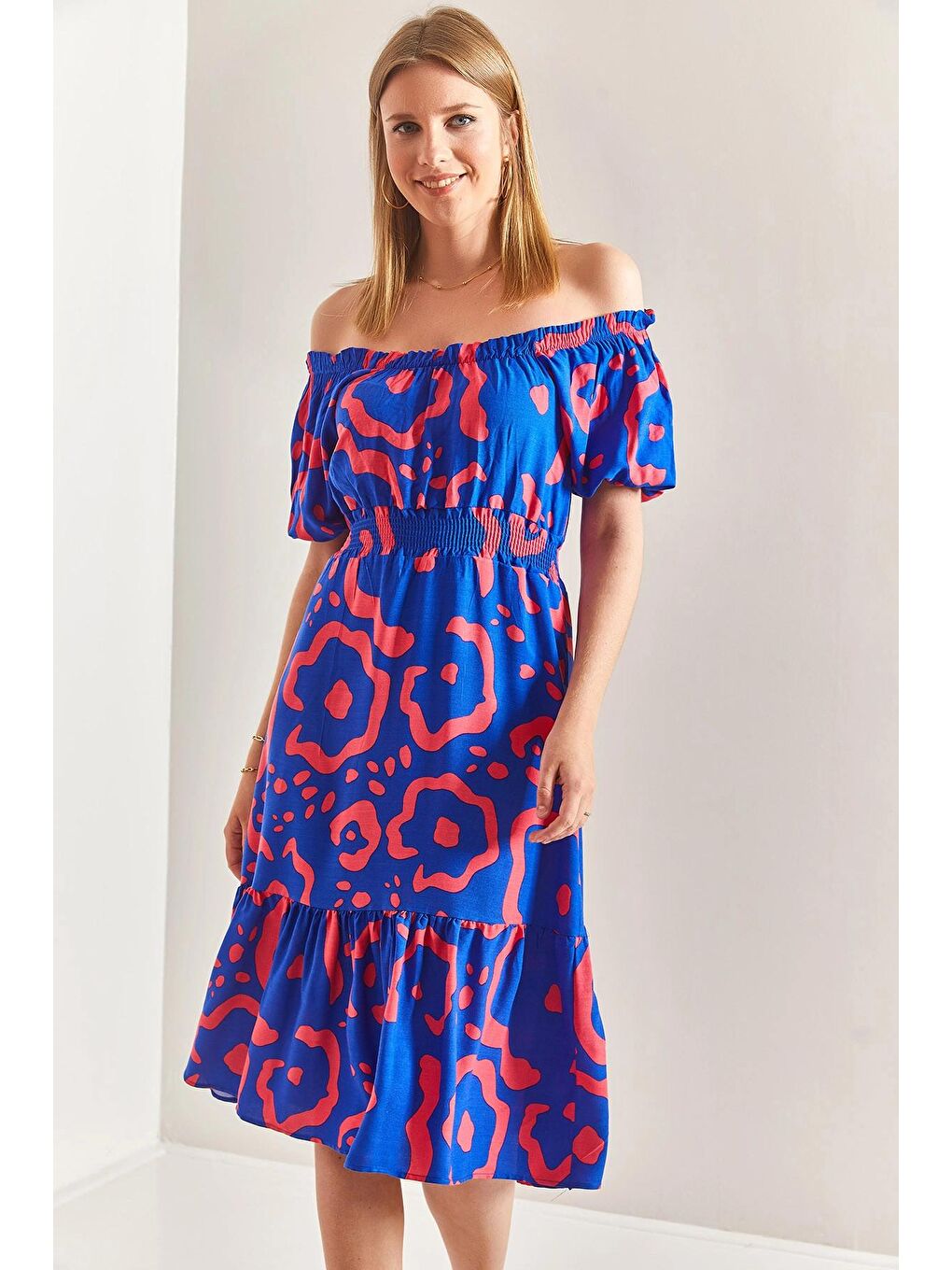 Mavi Kadın Madonna Yaka Beli Lastikli Elbise-4