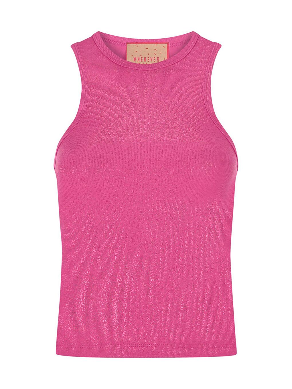 Pembe Parlak Simli Fitilli Ince Likralı Kumaş Rahat Halter Yaka Kısa Bluz