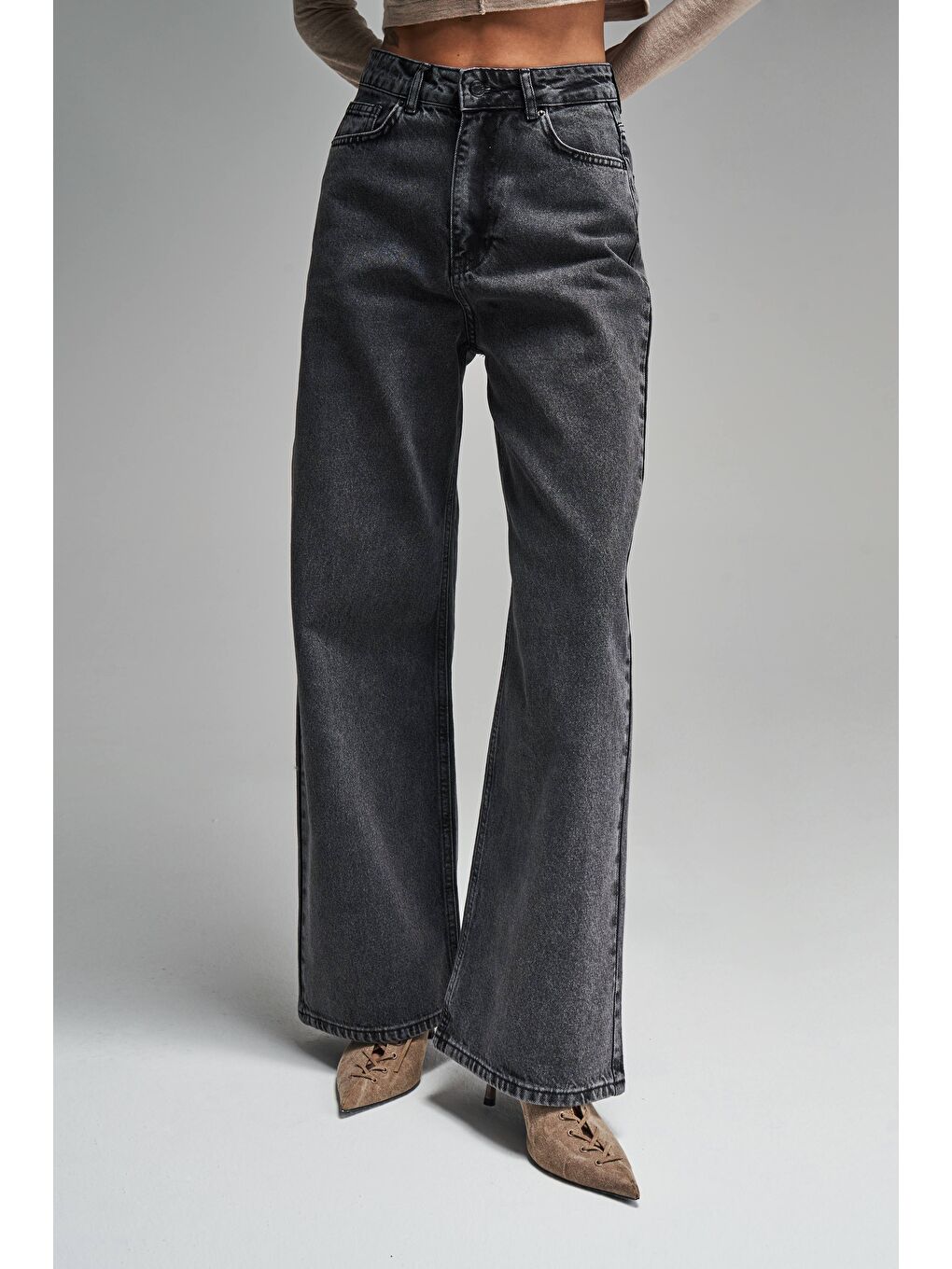 Gri Kadın Füme Renk Wide Leg Kalıp Bol Paça Jean