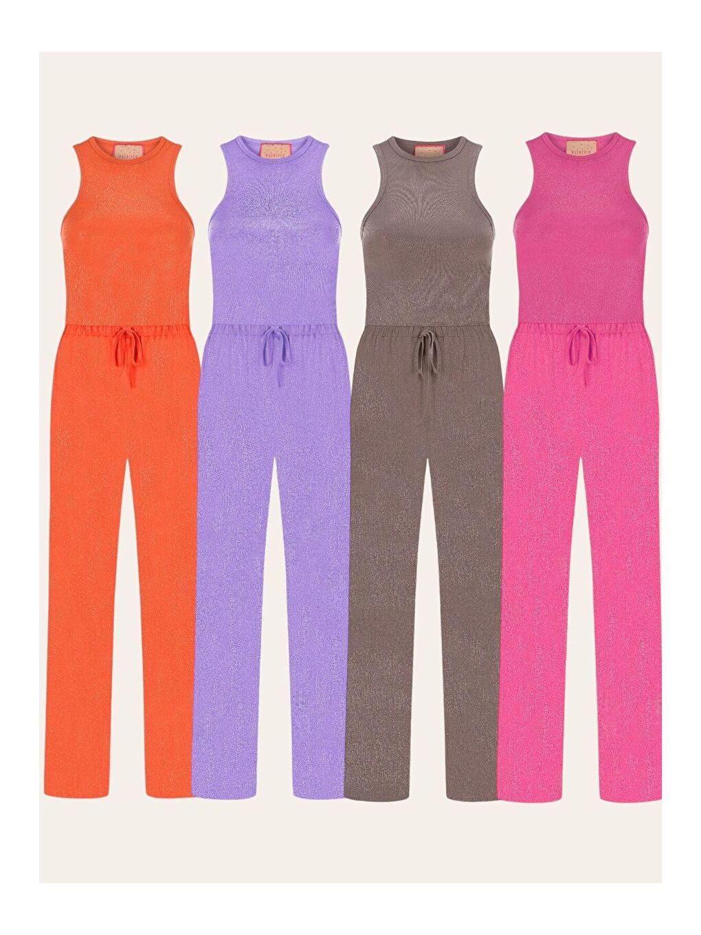 Pembe Parlak Simli Fitilli Ince Likralı Kumaş Rahat Halter Yaka Kısa Bluz-2