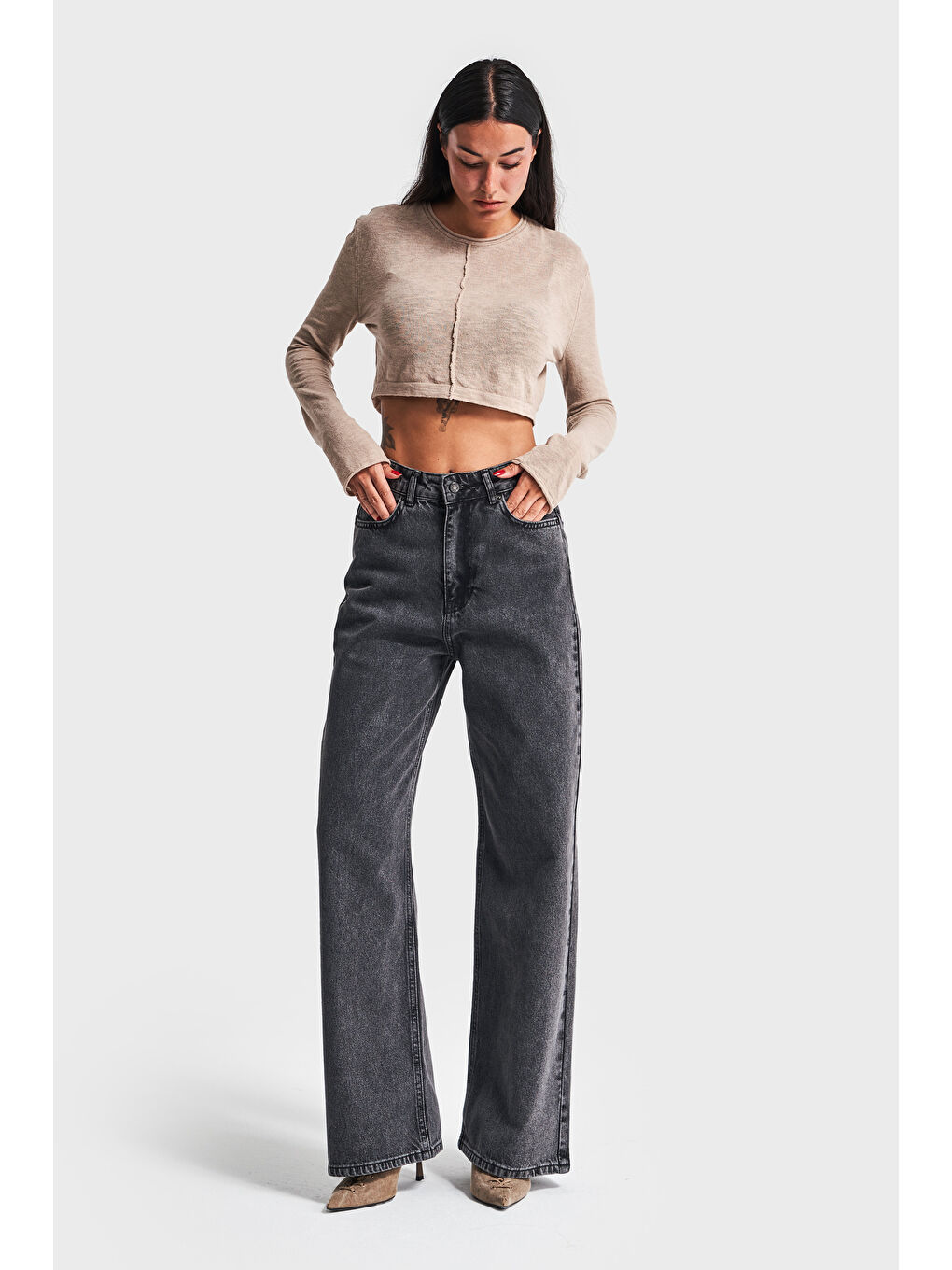 Gri Kadın Füme Renk Wide Leg Kalıp Bol Paça Jean-1