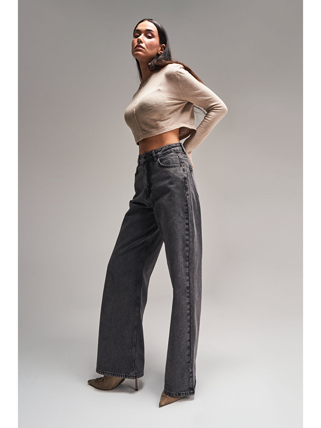 Gri Kadın Füme Renk Wide Leg Kalıp Bol Paça Jean-2