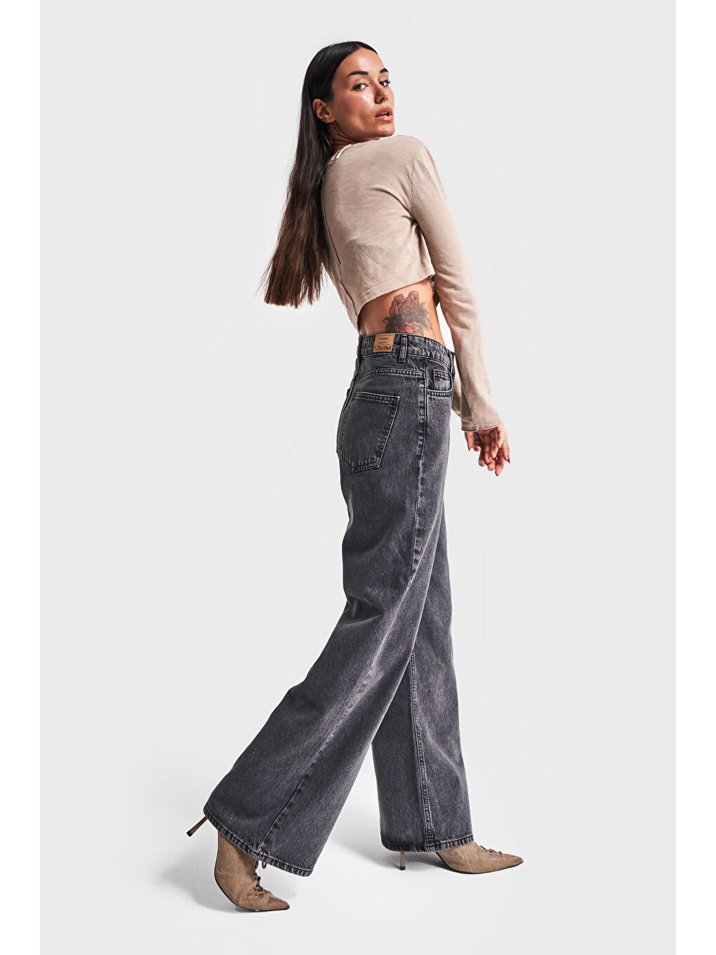 Gri Kadın Füme Renk Wide Leg Kalıp Bol Paça Jean-4