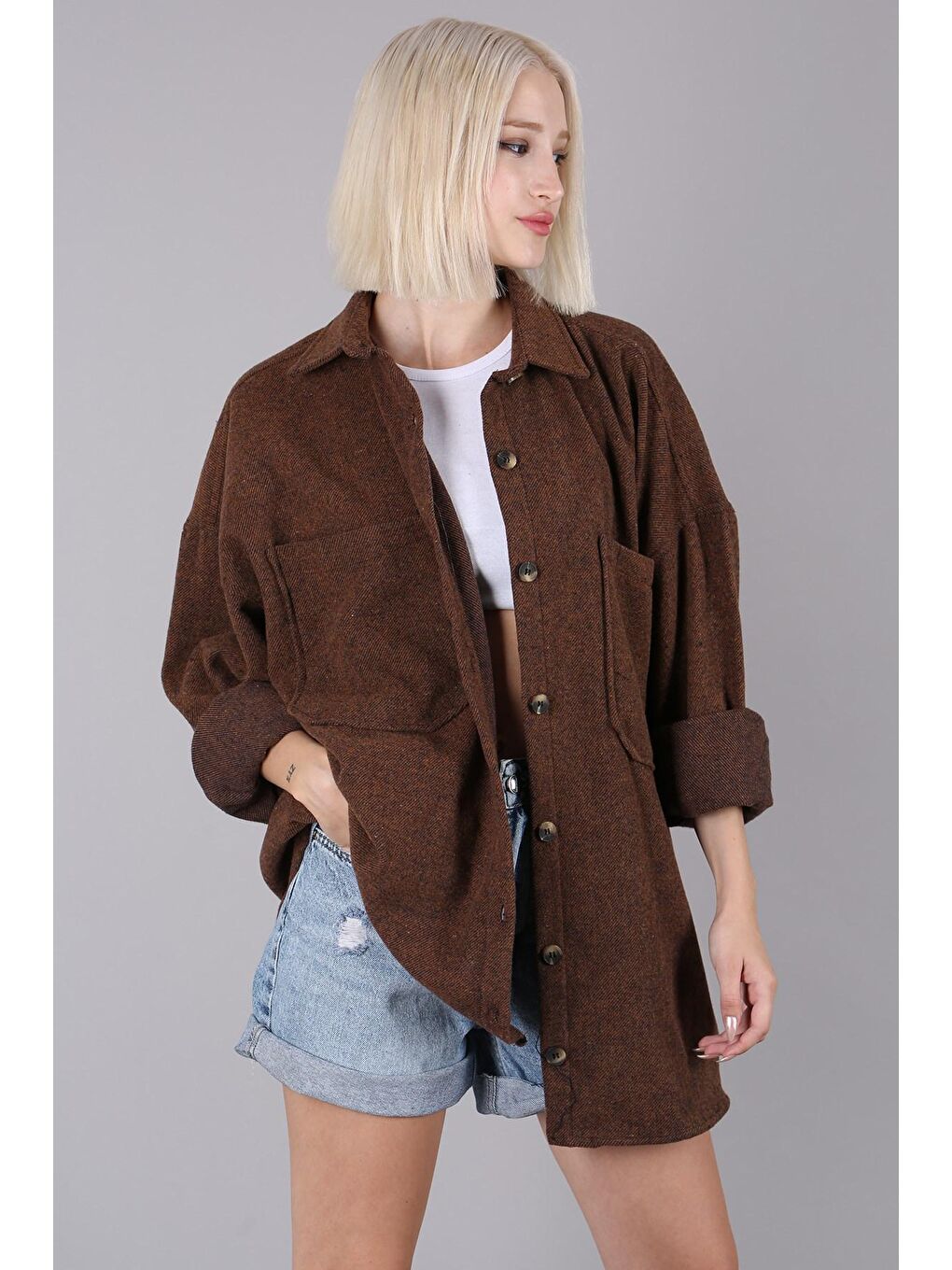 Madmext Deve Tüyü Camel Oversize Gömlek Ceket MG1562