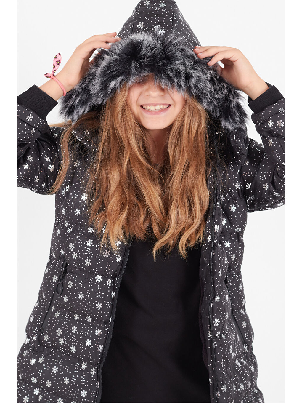 Siyah Kız Çocuk Mont Kar Desenli Kapüşonlu Şişme Mont 14530
