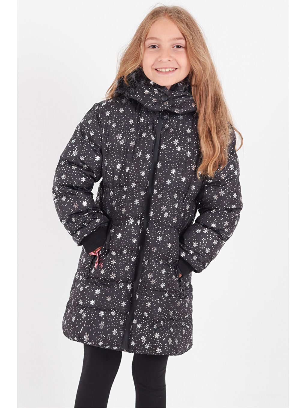 Siyah Kız Çocuk Mont Kar Desenli Kapüşonlu Şişme Mont 14530-1