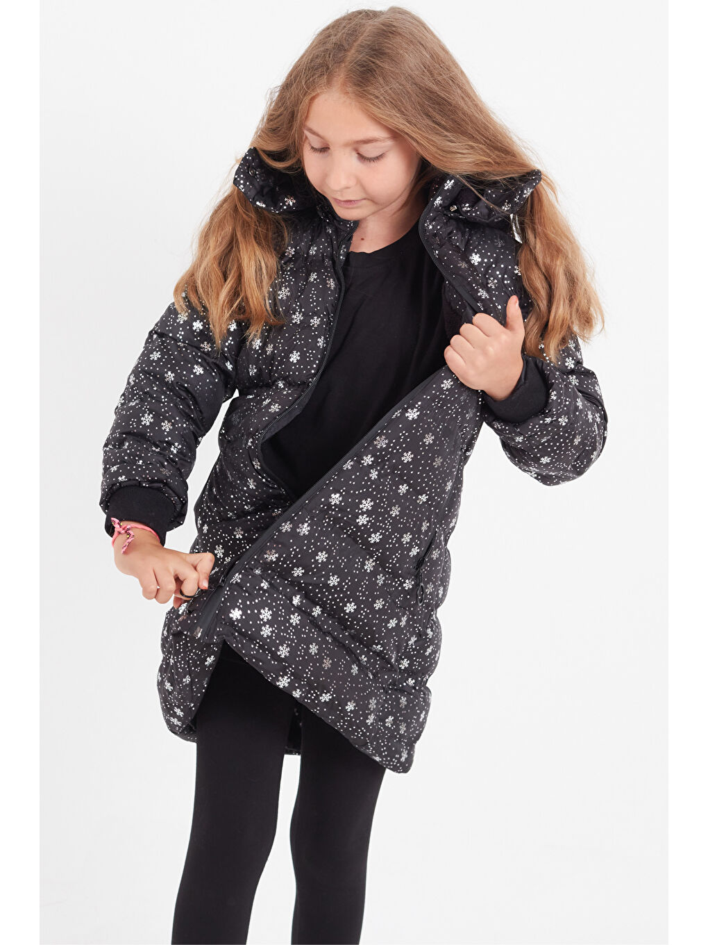 Siyah Kız Çocuk Mont Kar Desenli Kapüşonlu Şişme Mont 14530-4
