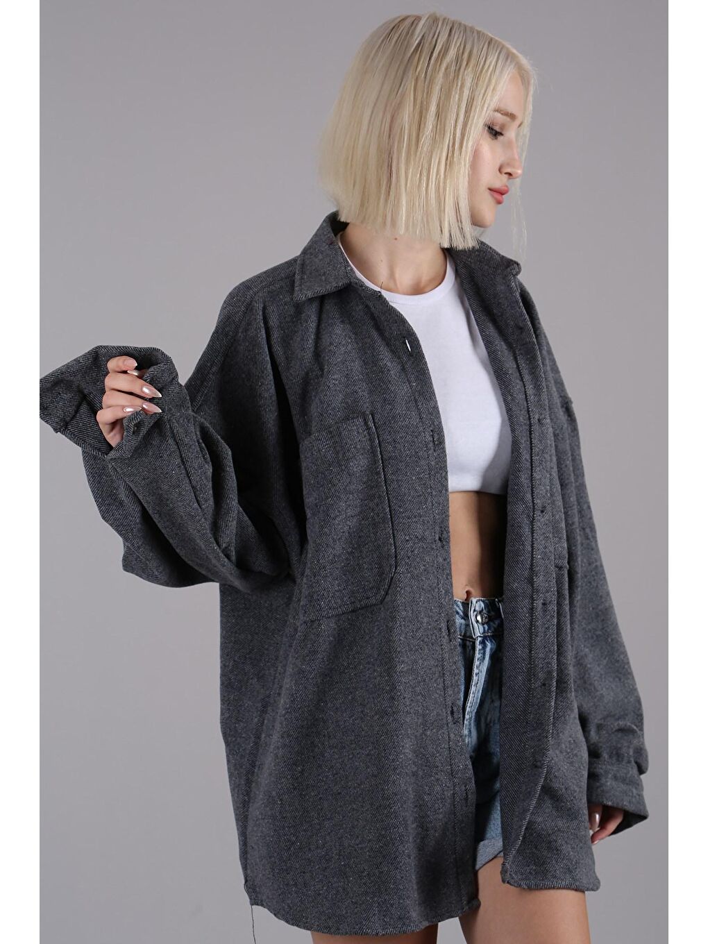 Gri Oversize Gömlek Ceket Mg1562