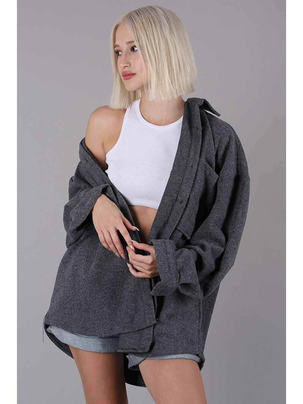 Gri Oversize Gömlek Ceket Mg1562-1