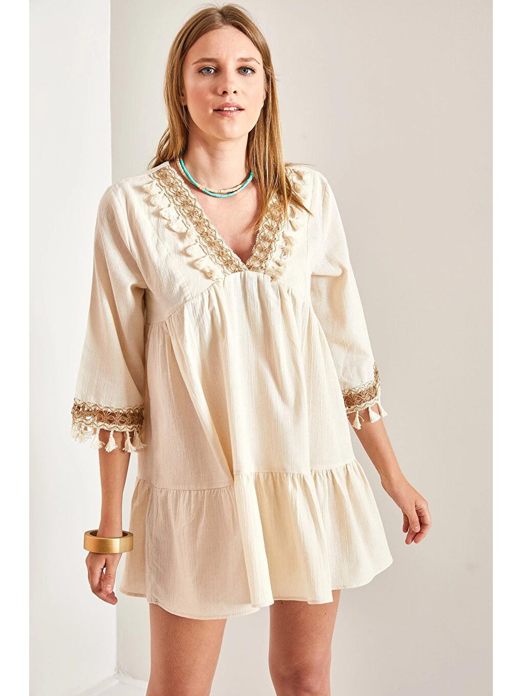 Bej Kadın Püsküllü Elbise-1