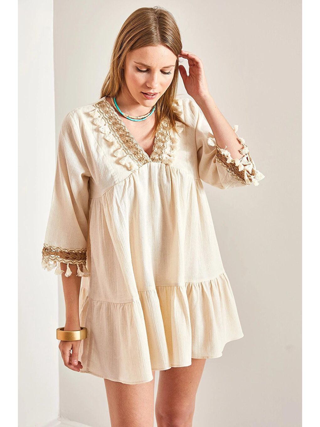 Bej Kadın Püsküllü Elbise-2