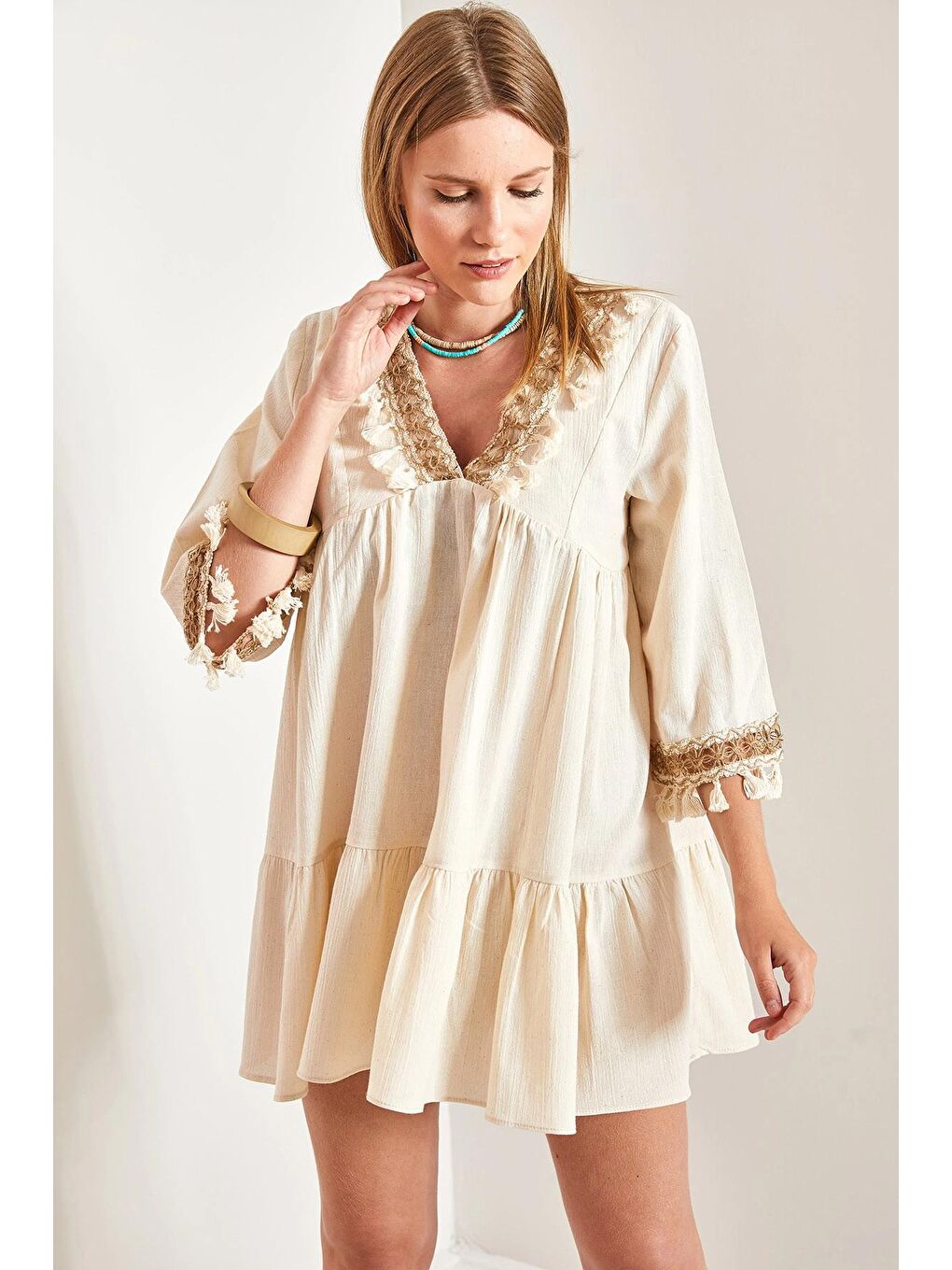 Bej Kadın Püsküllü Elbise-3