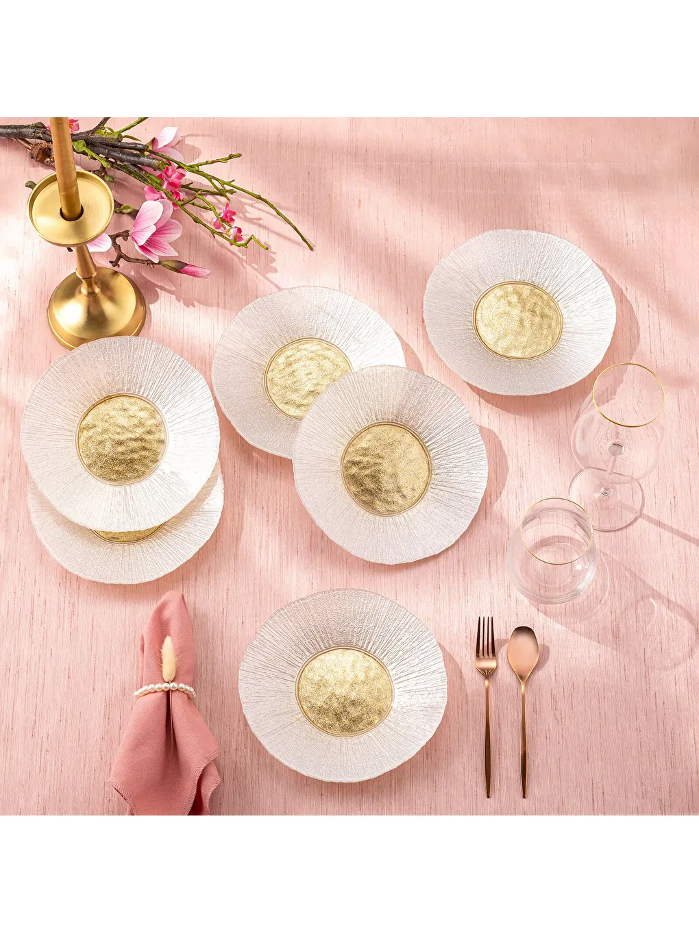 Sarı Golden 6 Kişilik Cam Pasta Seti 21 cm-6