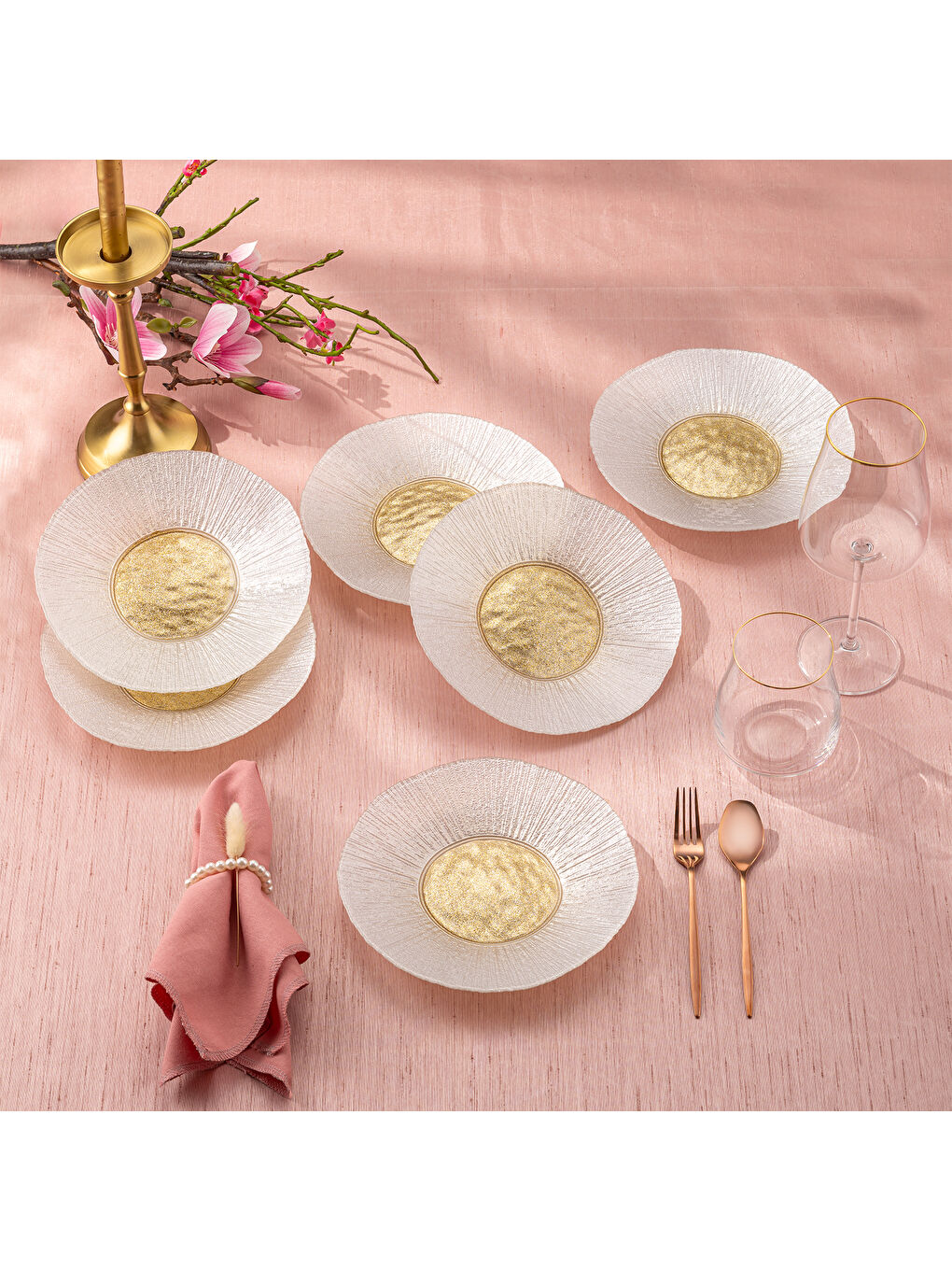 Sarı Golden 6 Kişilik Cam Pasta Seti 21 cm-7