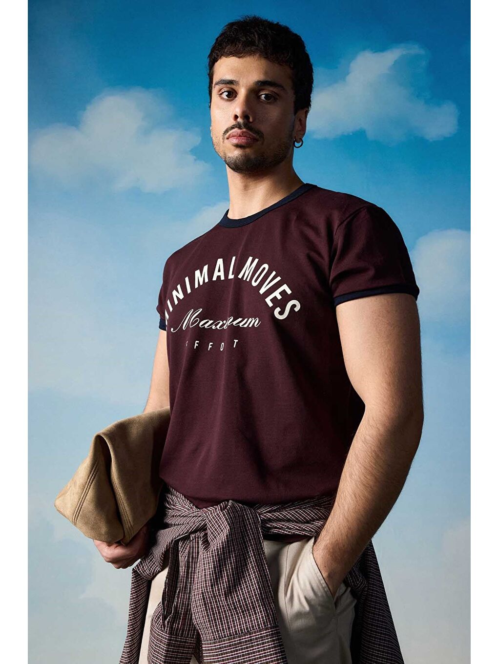 Erkek Regular Fit Kontrast Detaylı T-Shirt Bordo-2