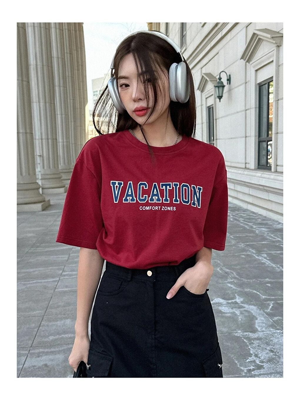 Kadın Bordo Vacation Baskılı Oversize Tişört-3