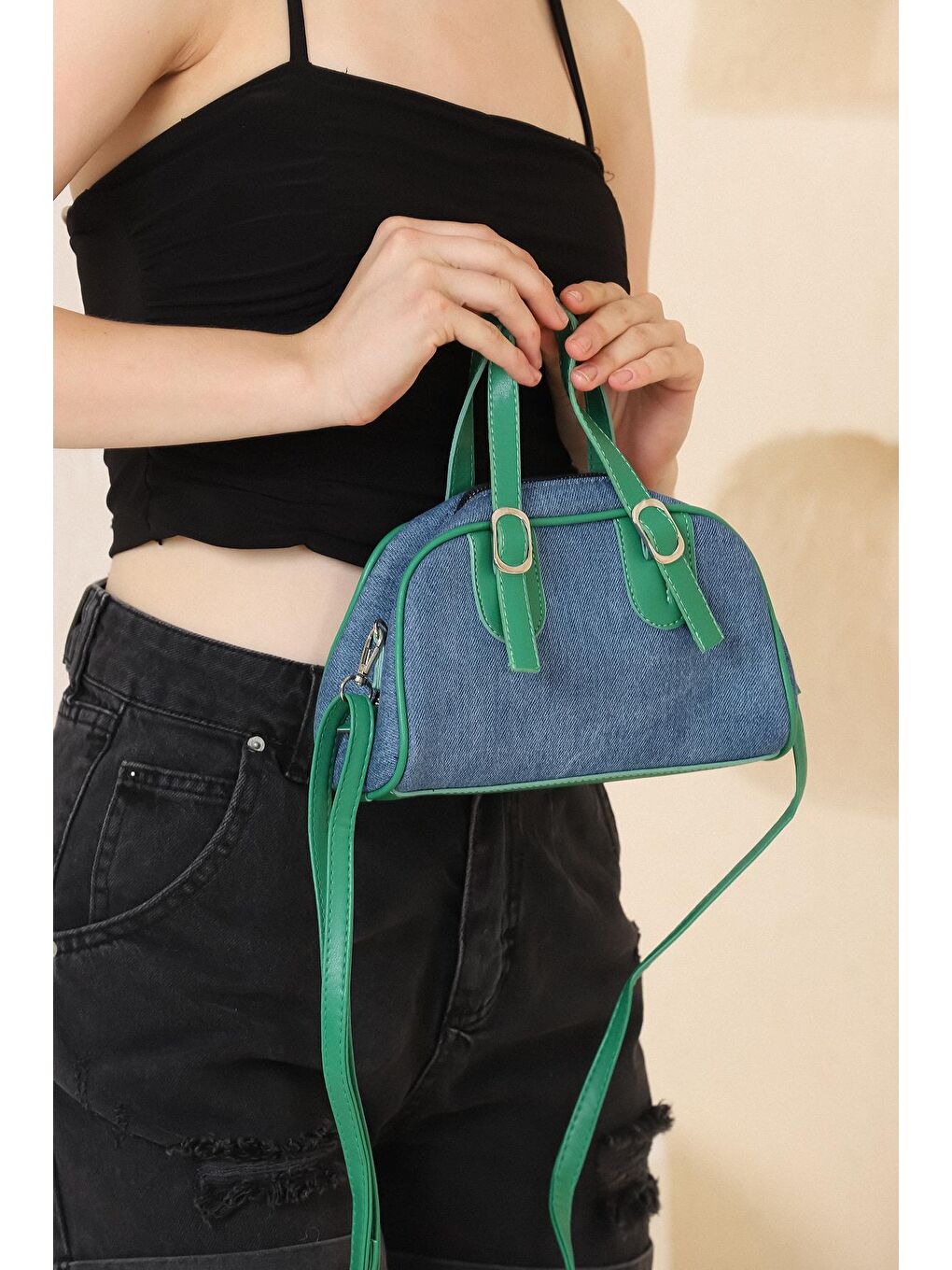 Mavi Yeşil Fermuarlı Denim Omuz Çantası-2