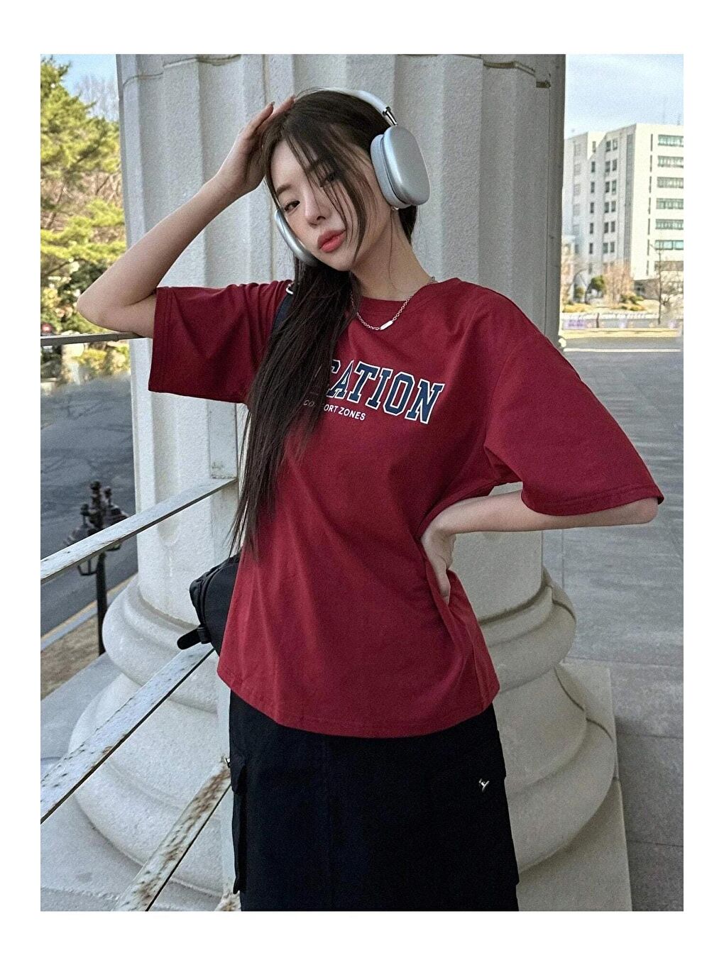 Kadın Bordo Vacation Baskılı Oversize Tişört-6