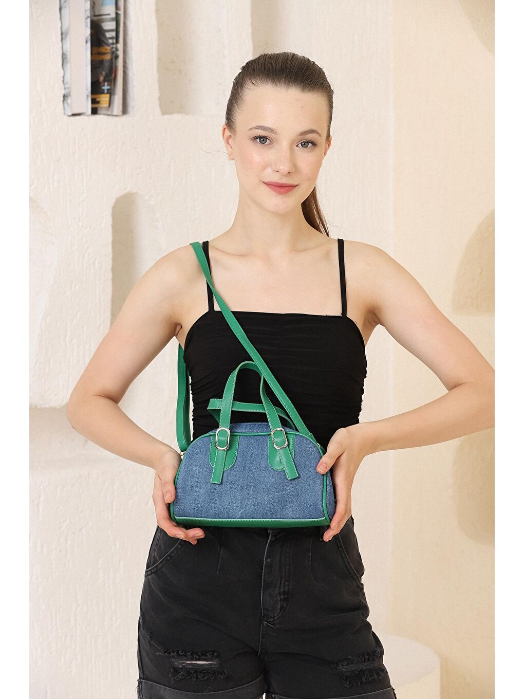 Mavi Yeşil Fermuarlı Denim Omuz Çantası-3