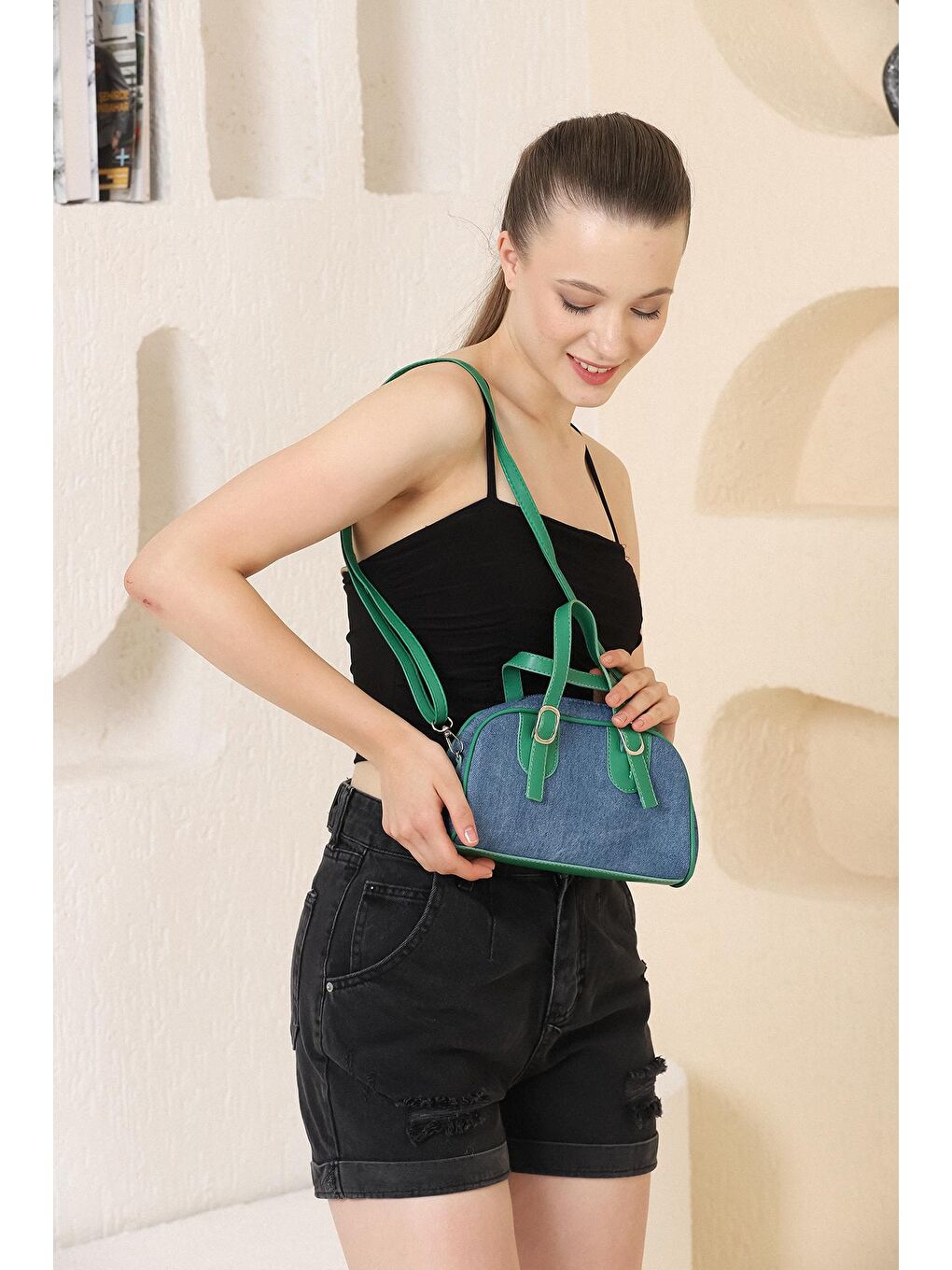 Mavi Yeşil Fermuarlı Denim Omuz Çantası-4