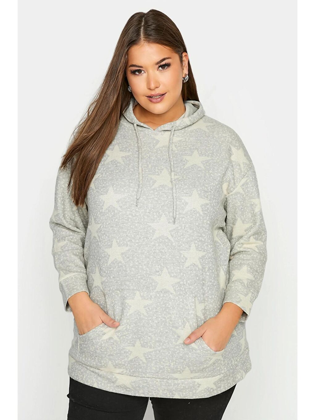 Gri Büyük Beden Yıldız Baskılı Cepli Kapüşonlu Uzun Kollu Sweatshirt 300185