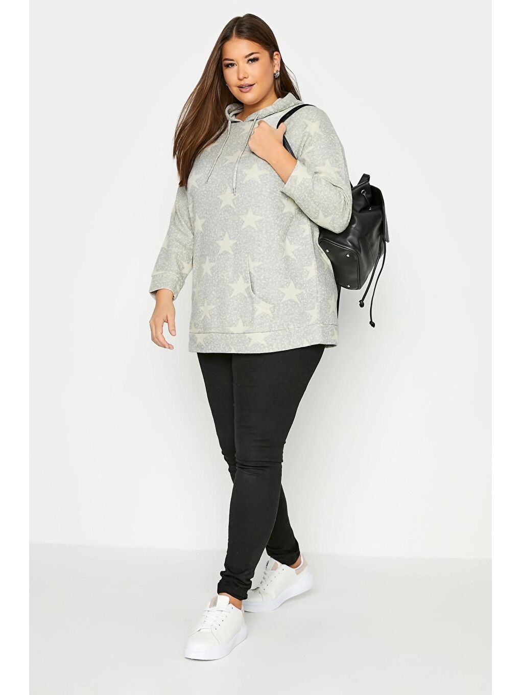 Gri Büyük Beden Yıldız Baskılı Cepli Kapüşonlu Uzun Kollu Sweatshirt 300185-1