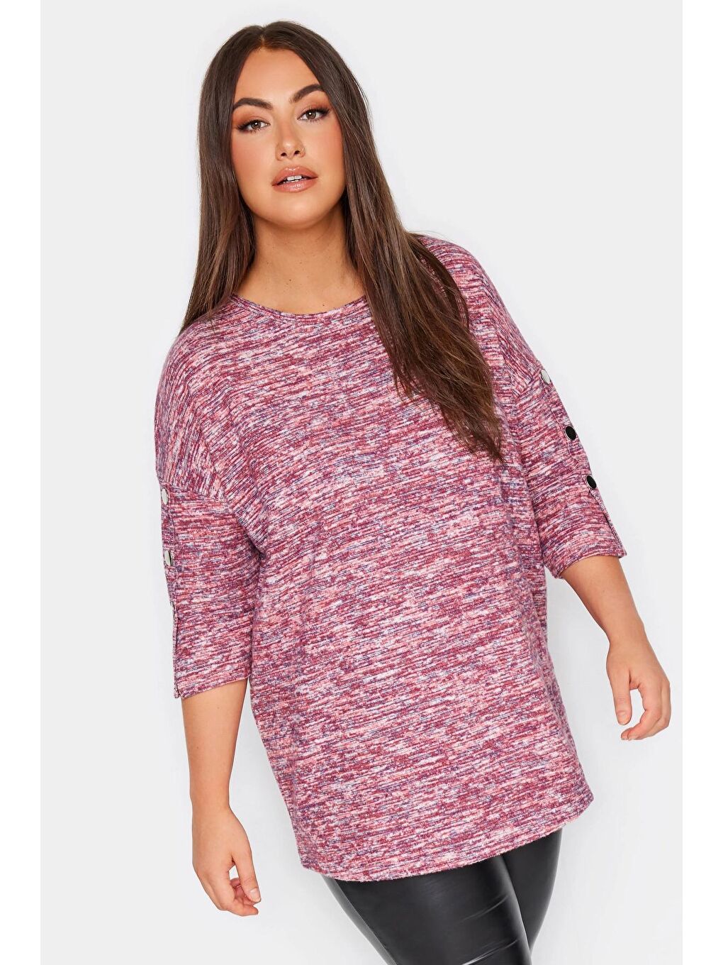 Pembe Büyük Beden Bisiklet Yaka Yarım Kolu Çıtçıtlı Örme Kazak 302626-1