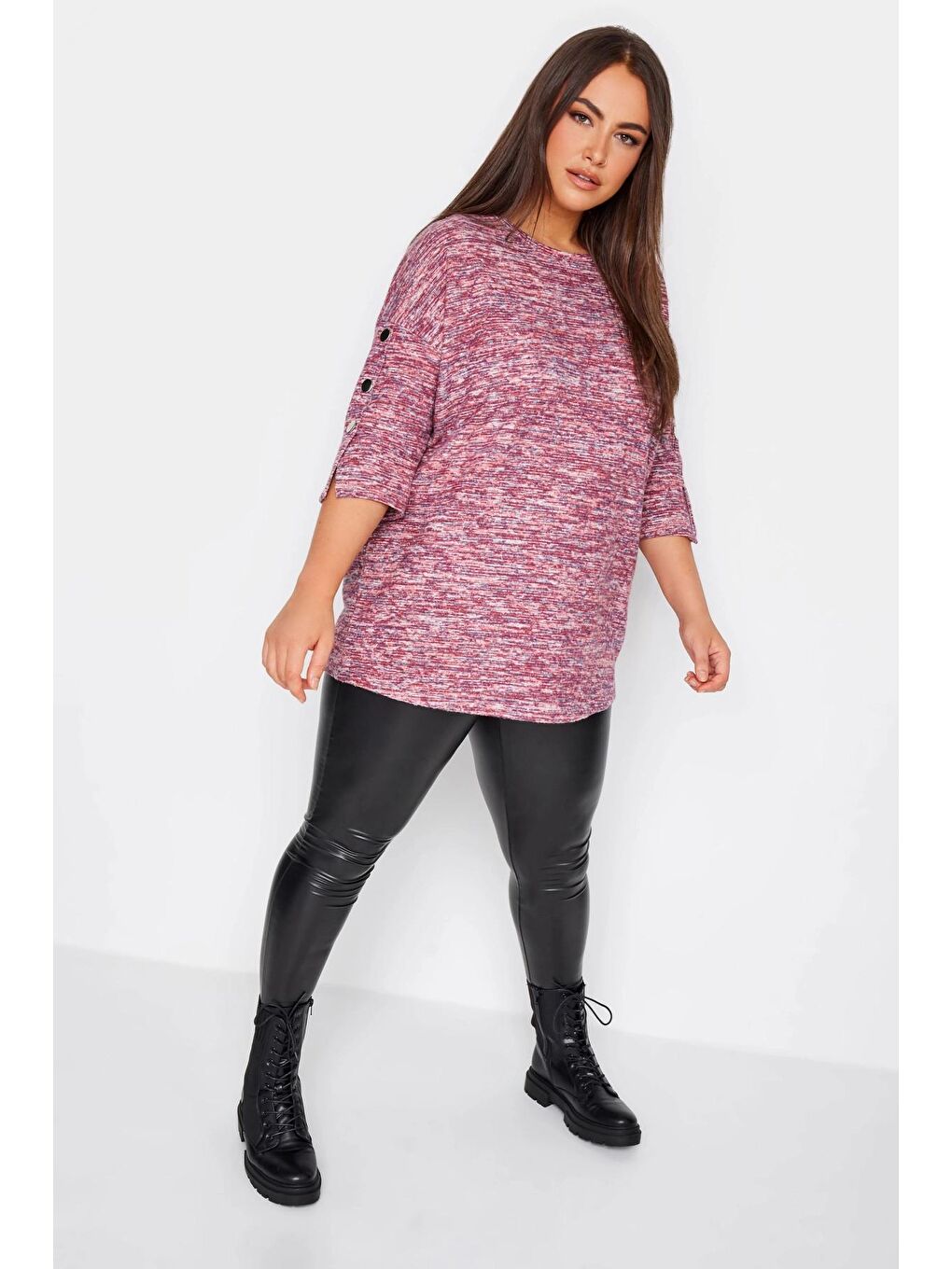 Pembe Büyük Beden Bisiklet Yaka Yarım Kolu Çıtçıtlı Örme Kazak 302626-3