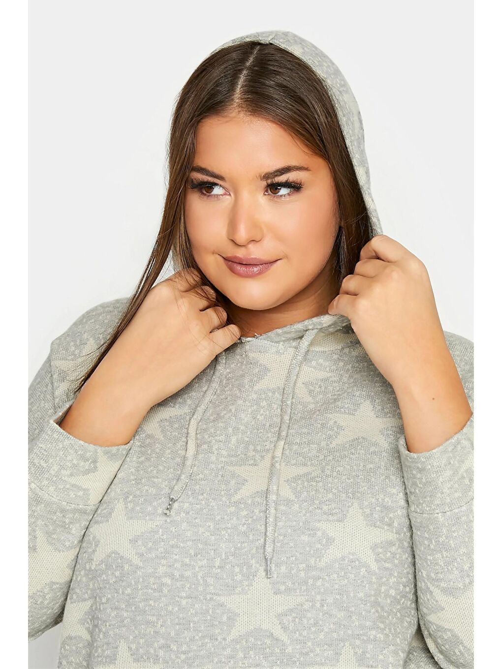Gri Büyük Beden Yıldız Baskılı Cepli Kapüşonlu Uzun Kollu Sweatshirt 300185-3
