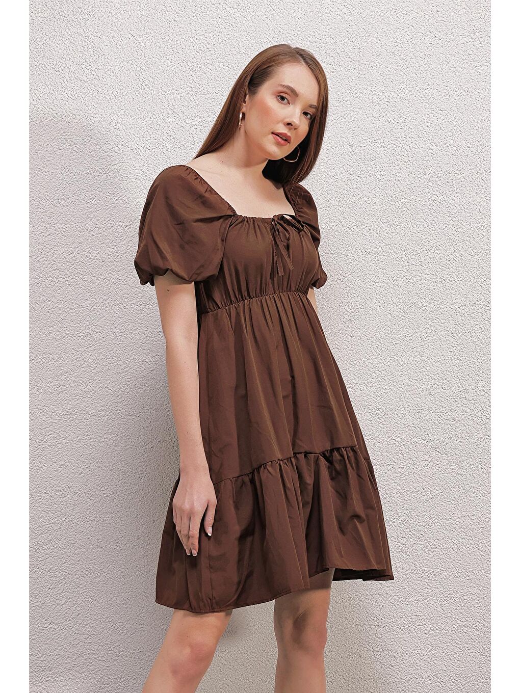 2351 Kloş Poplin Elbise - Kahverengi-3