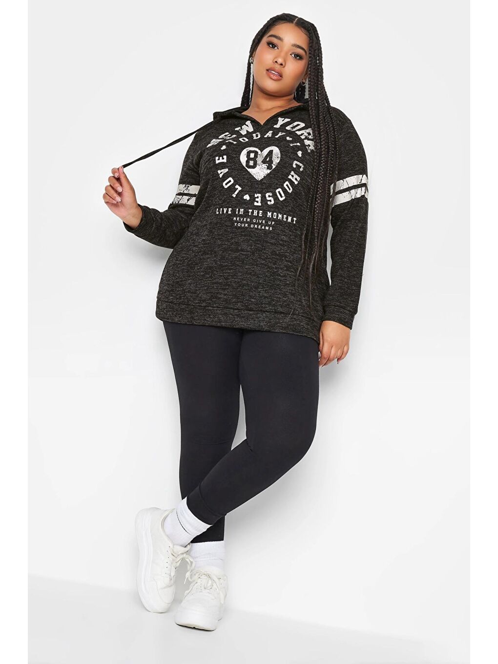 Siyah Büyük Beden V Yaka Baskılı Kapüşonlu Uzun Kollu Sweatshirt 302595-3