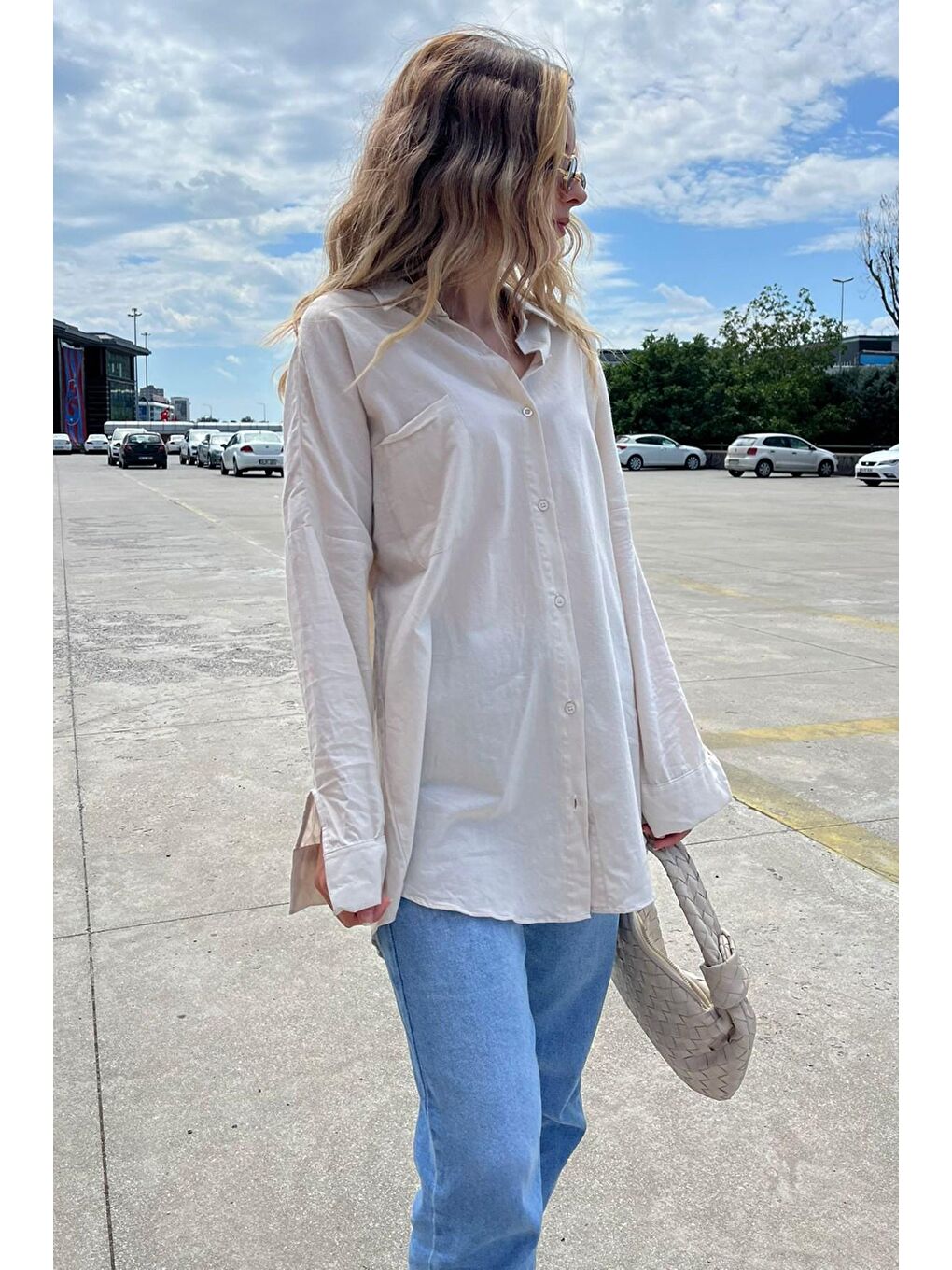 Bej Oversize Basic Cepli Poplin Gömlek Mg1530-4