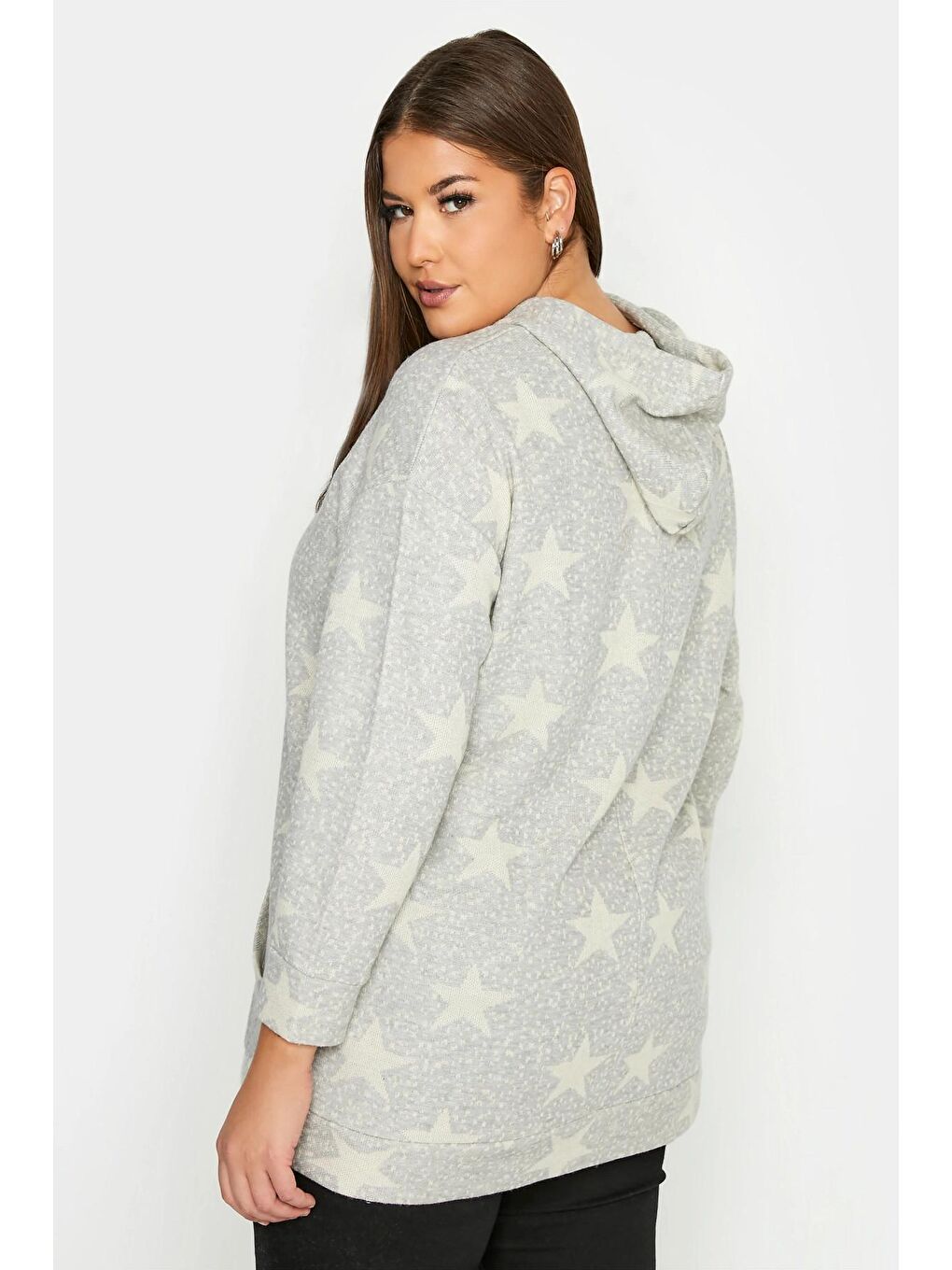 Gri Büyük Beden Yıldız Baskılı Cepli Kapüşonlu Uzun Kollu Sweatshirt 300185-4