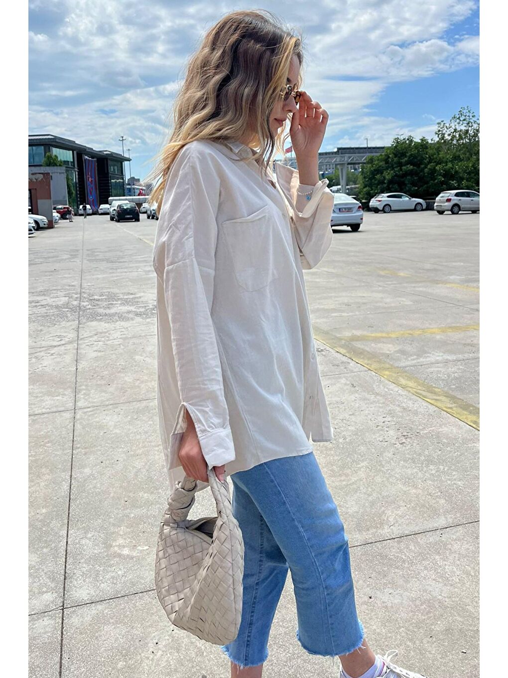 Bej Oversize Basic Cepli Poplin Gömlek Mg1530-5