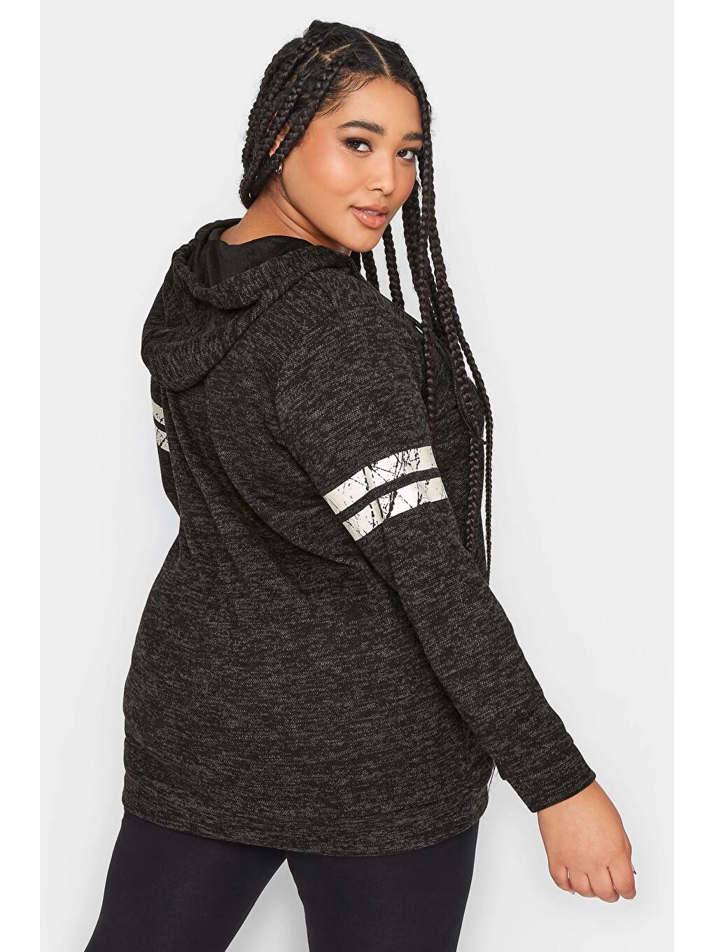 Siyah Büyük Beden V Yaka Baskılı Kapüşonlu Uzun Kollu Sweatshirt 302595-4