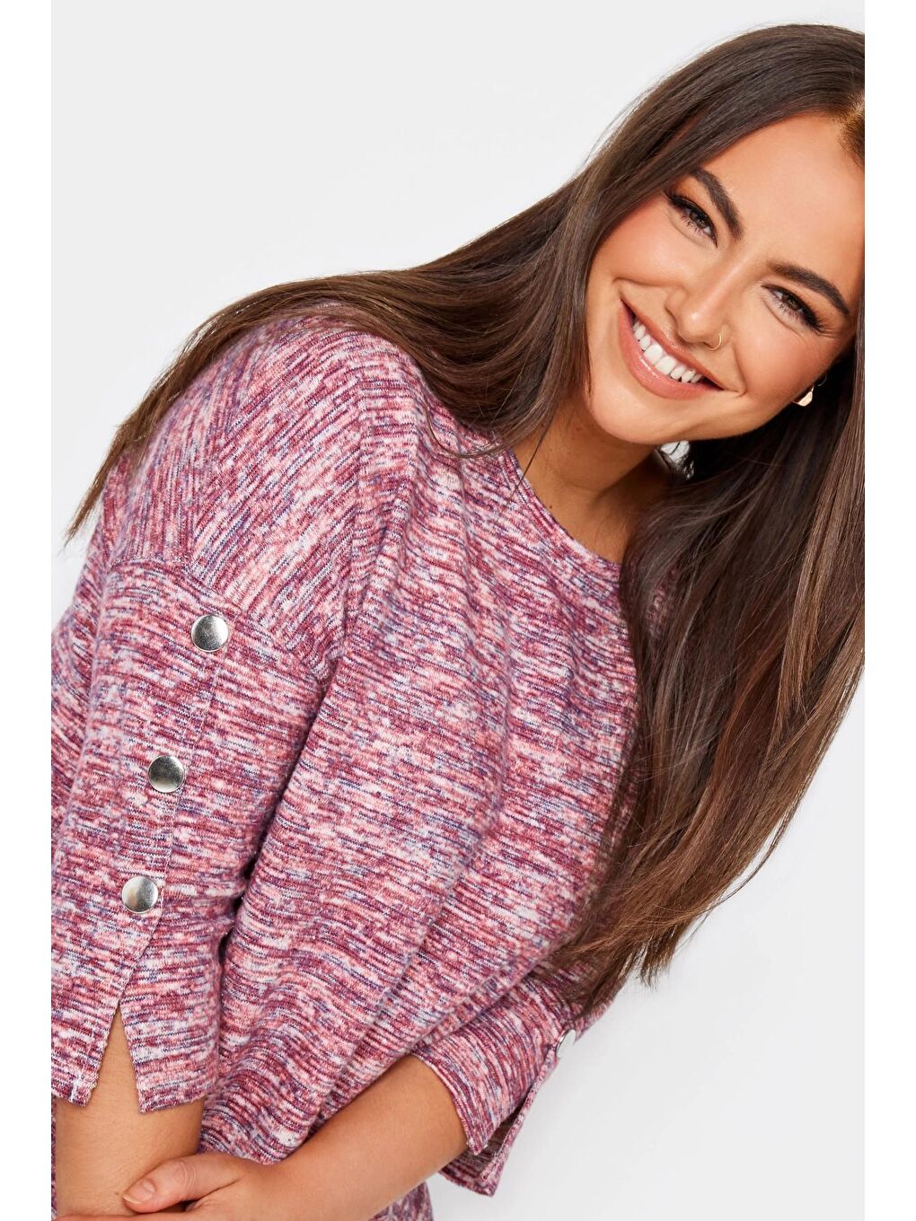 Pembe Büyük Beden Bisiklet Yaka Yarım Kolu Çıtçıtlı Örme Kazak 302626-7