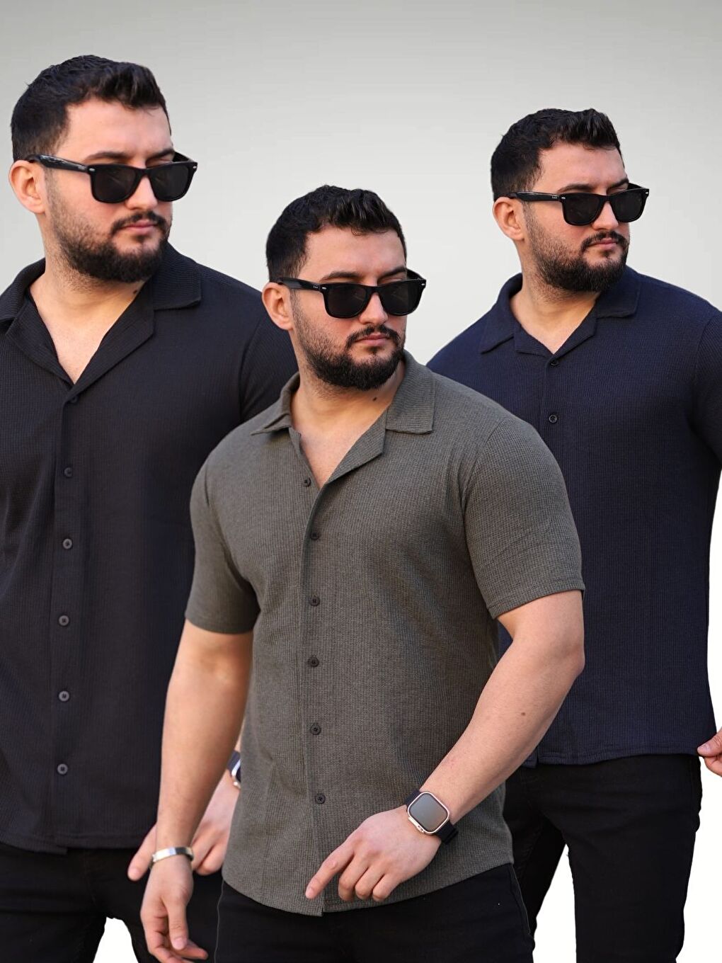 Erkek Siyah Haki Lacivert Örme Kısa Kollu Erkek Gömlek 3'lü Set