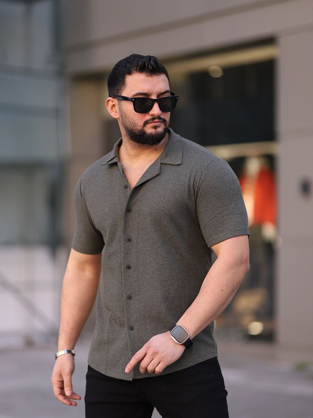 Erkek Siyah Haki Lacivert Örme Kısa Kollu Erkek Gömlek 3'lü Set-3