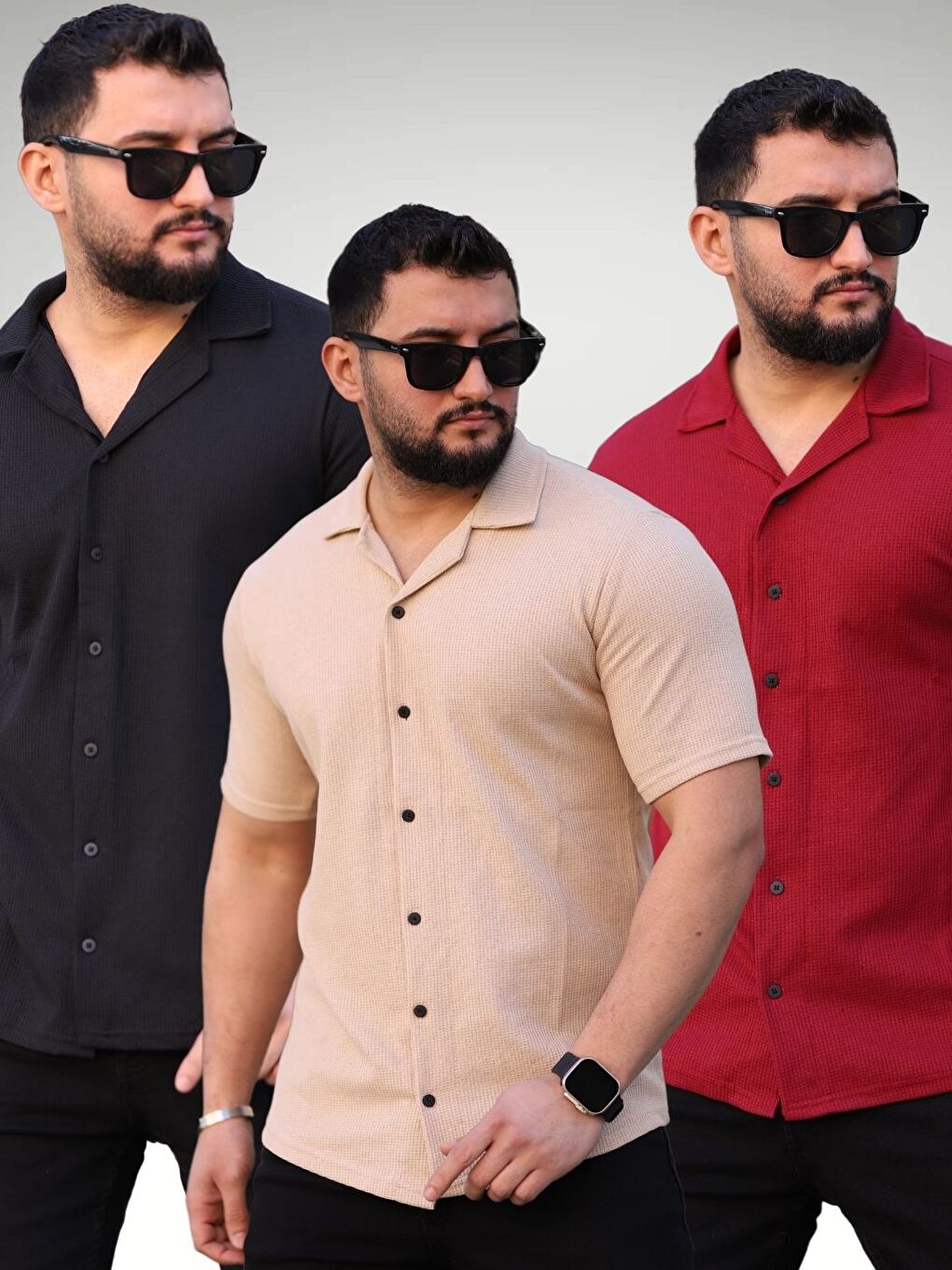 Karışık Erkek Siyah Bordo Bej Örme Kısa Kollu Erkek Gömlek 3'lü Set