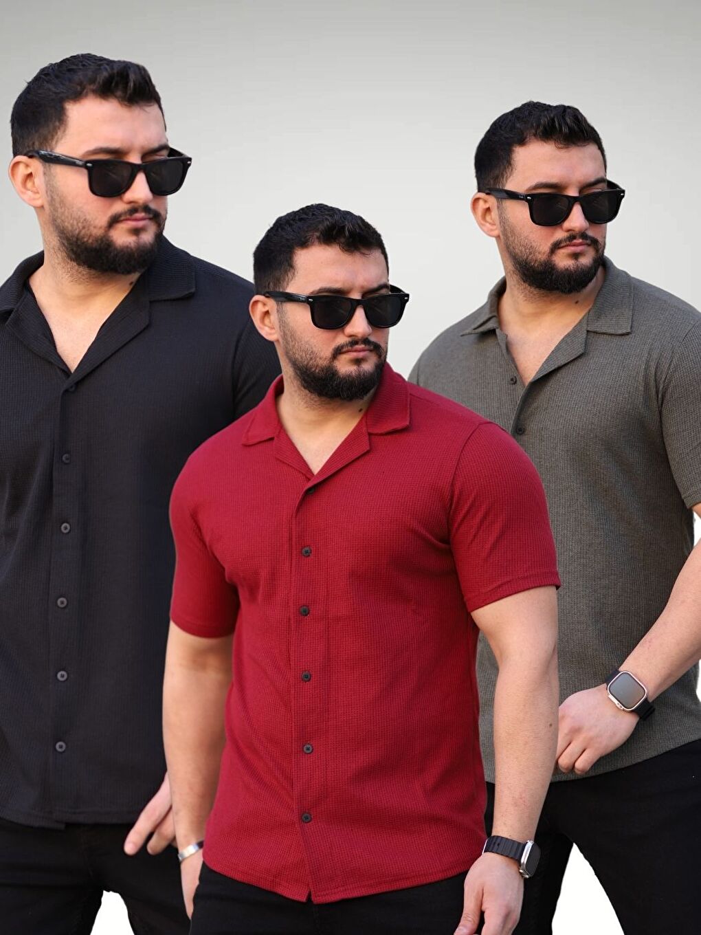 Erkek Siyah Bordo Haki Örme Kısa Kollu Erkek Gömlek 3'lü Set