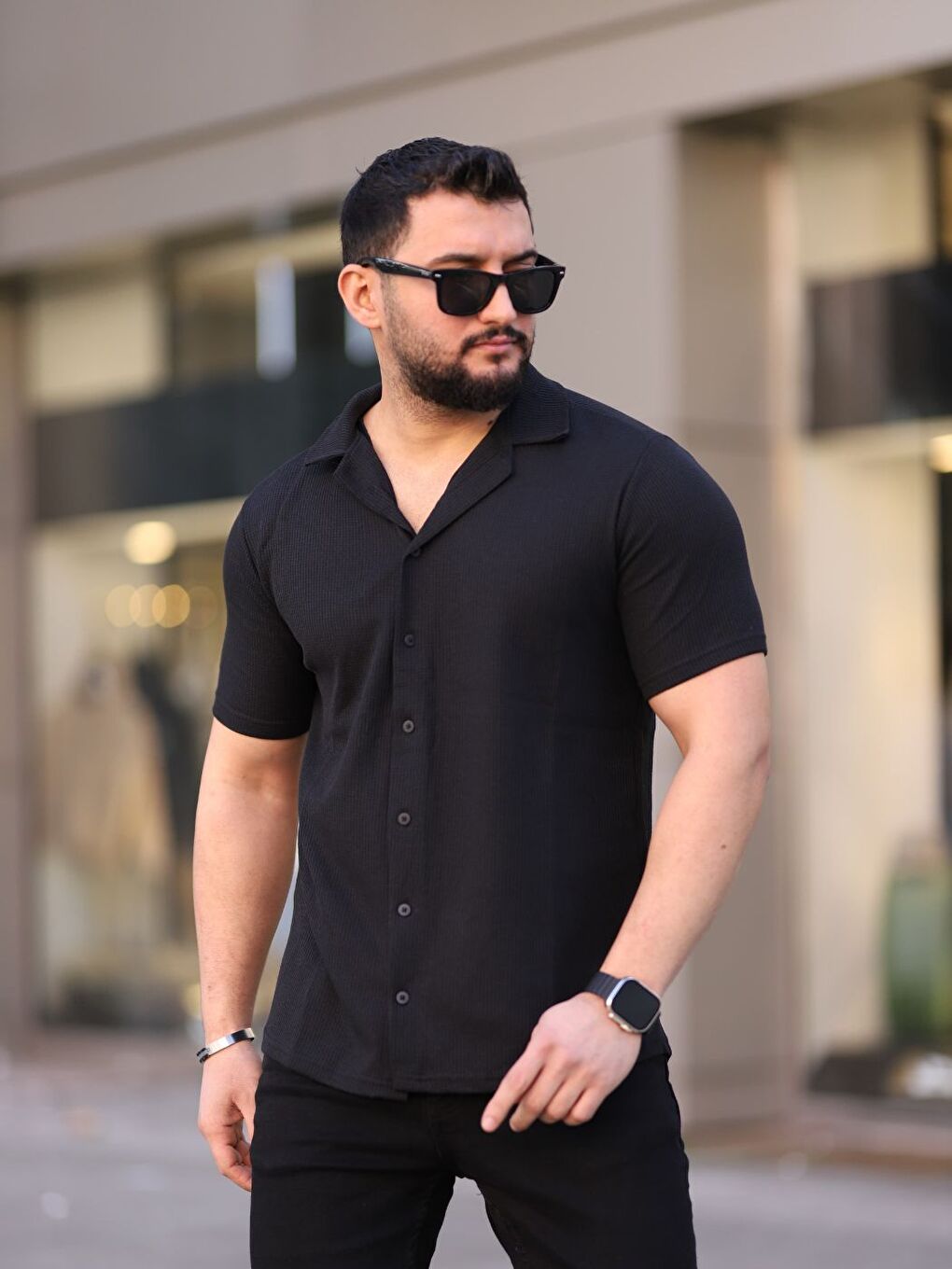 Erkek Siyah Bordo Haki Örme Kısa Kollu Erkek Gömlek 3'lü Set-1