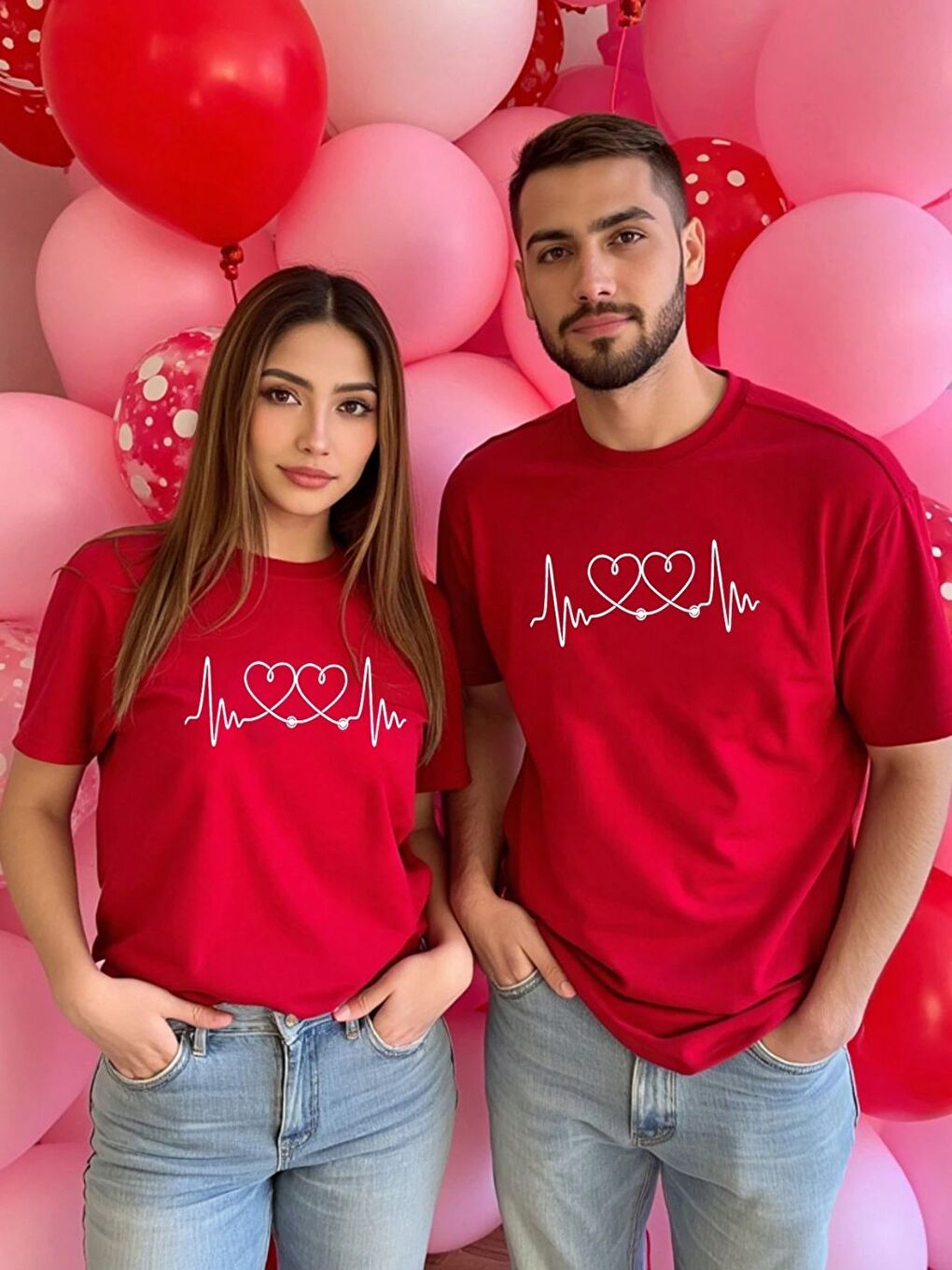 Kalp Ritmi Baskılı 2 li Sevgili Kombini Set Oversize Erkek Kısa Kollu Tişört Kırmızı