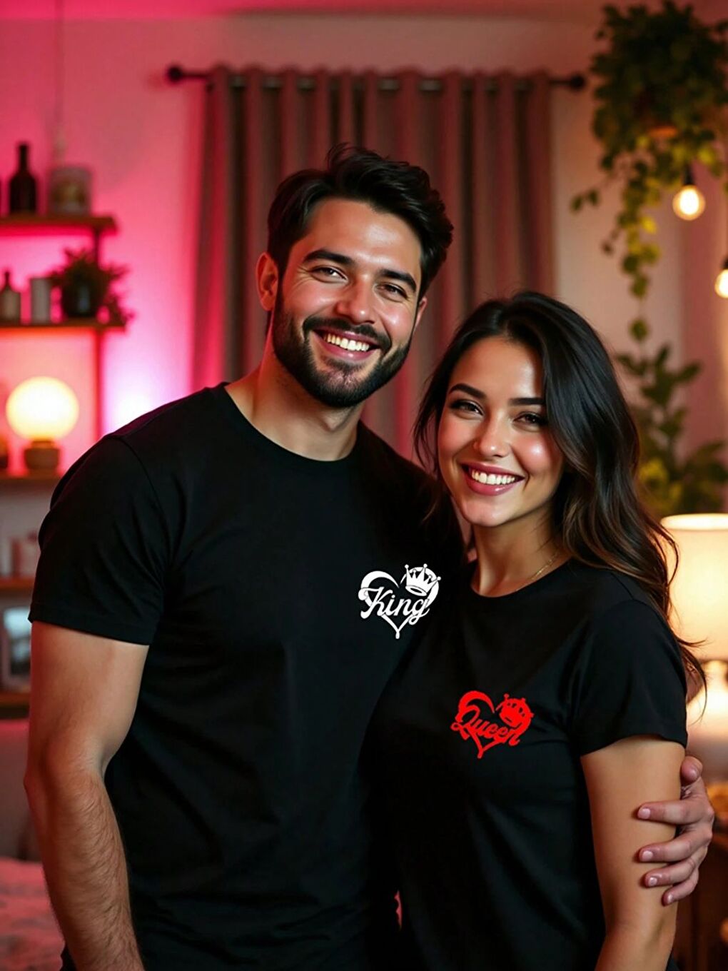 King Queen Baskılı 2 li Sevgili Kombini Set Oversize Erkek Kısa Kollu Tişört Siyah