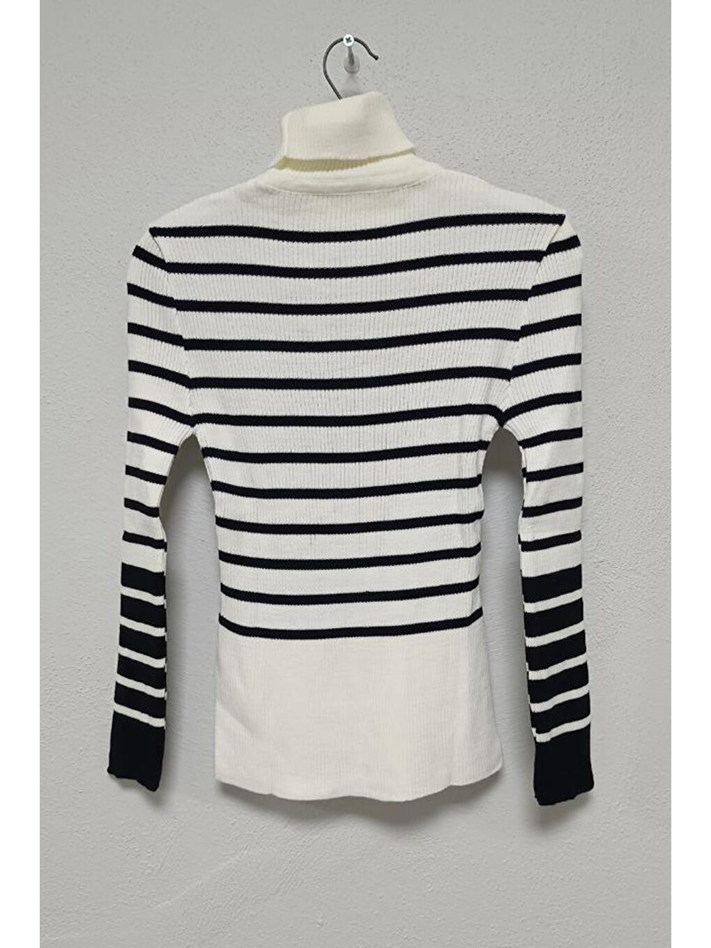 Kadın Ekru Yan Yırtmaçlı Balıkçı Çizgili Fitili Slim Kazak-1