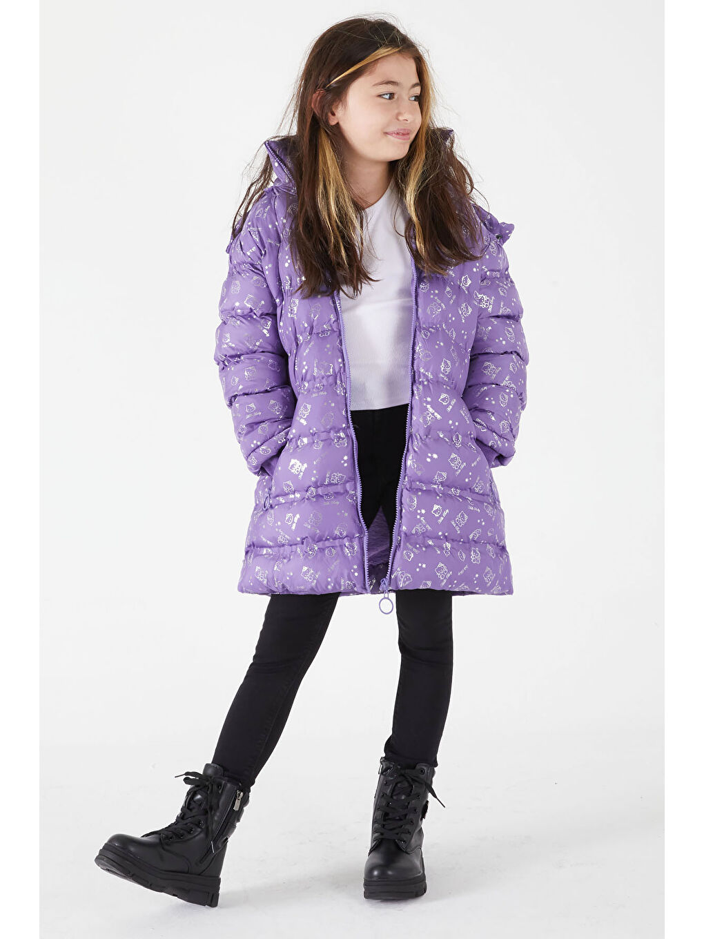 Kız Çocuk Karakter Baskılı Şişme Mont Lila 15550